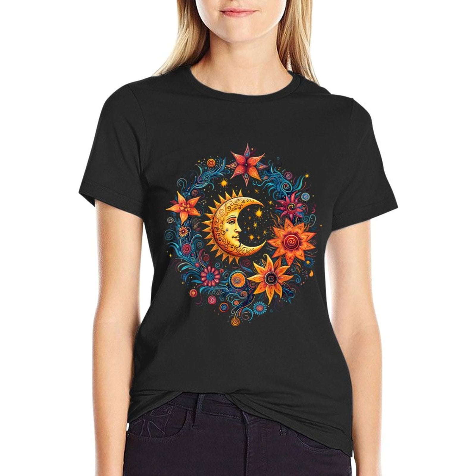 Mystic Sun And Moon Woman Mystical Flowers Aesthetic  Cotton T-Shirt