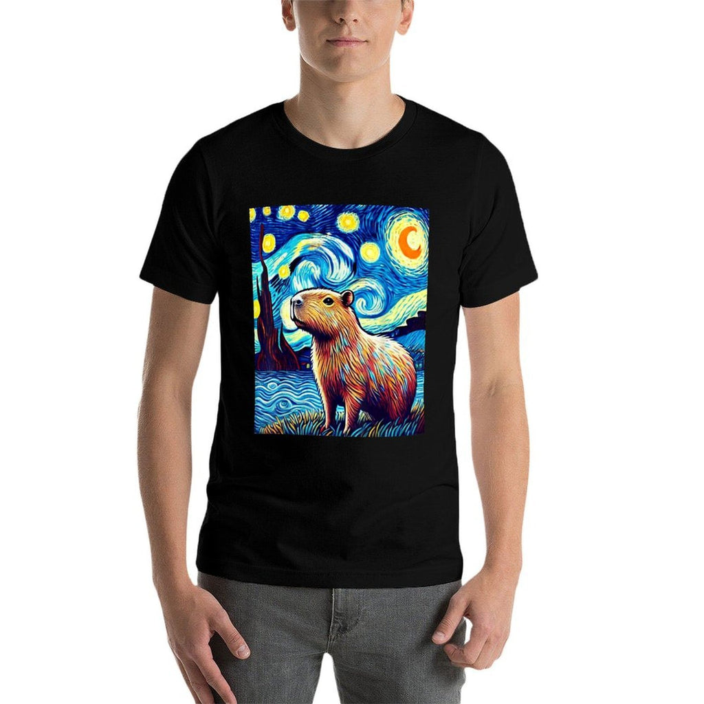 Capybara Van Gogh Style Starry Night Light Graphic Weird  Breathable T-Shirt