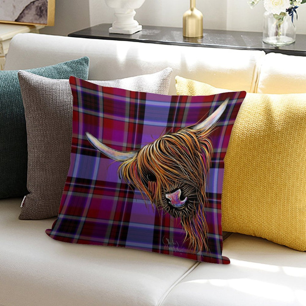 SCoTTiSH HiGHLaND CoW ' TaRTaN NooDLeS P ' by SHiRLeY MacARTHuR Soft Gift Ready Throw Pillow