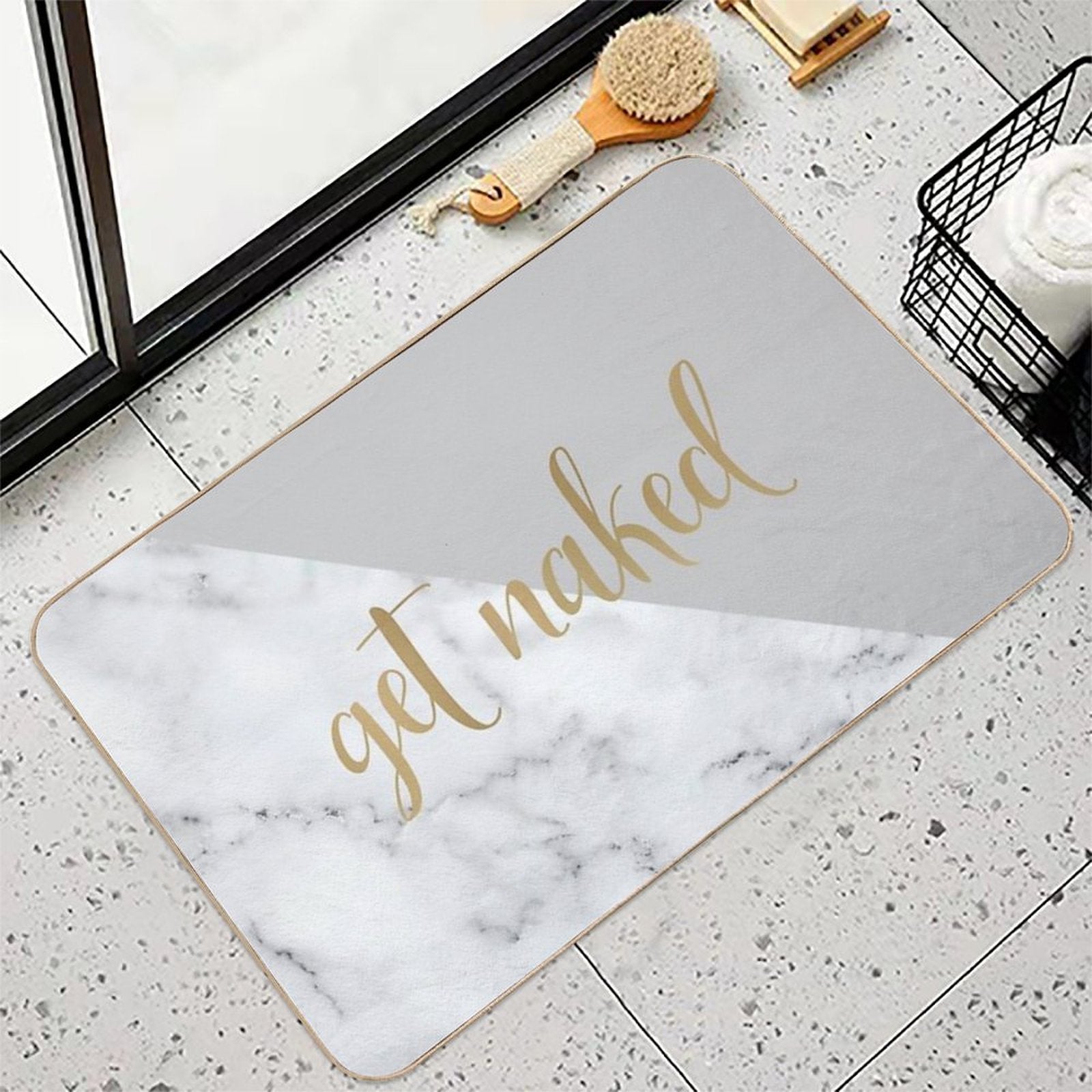 Get Naked Bathroom And Bedroom Quote, Grey, Gold, Marble  Repositionable Bath Mat
