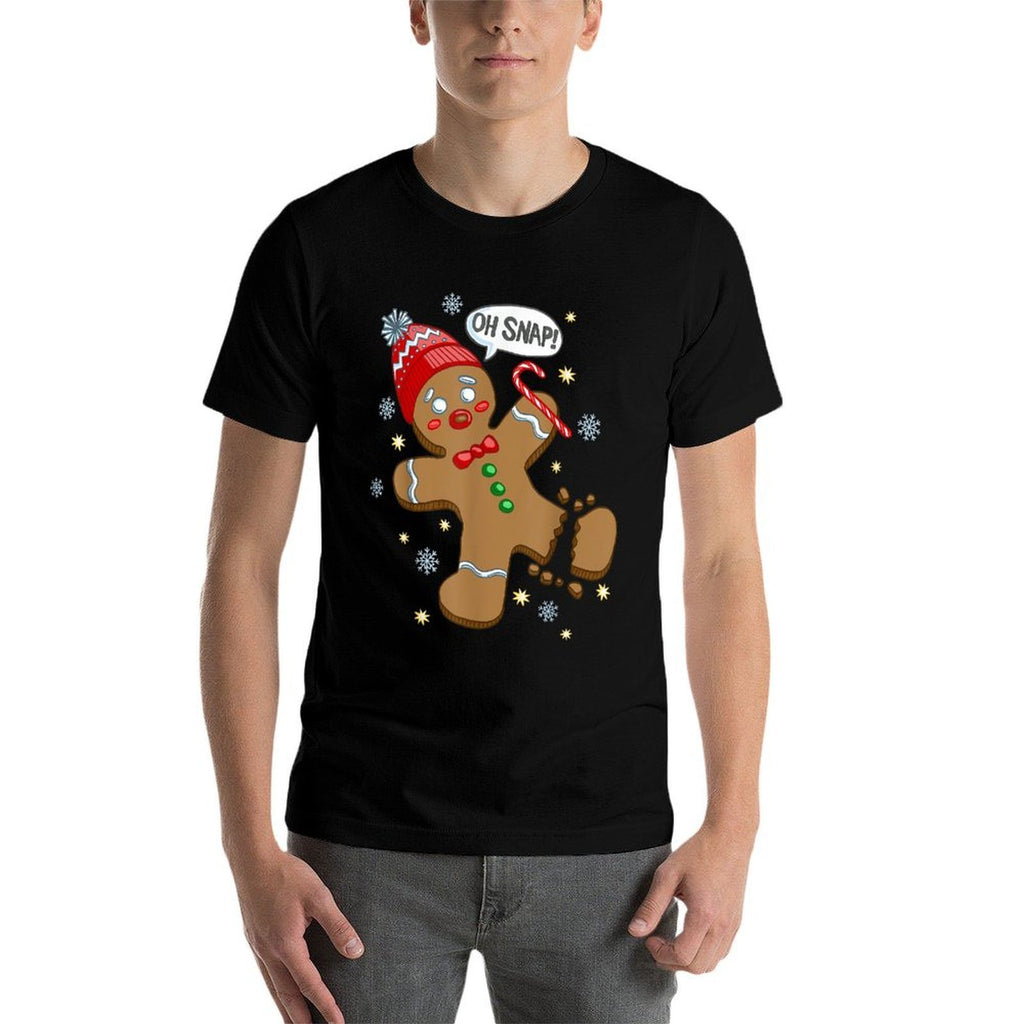 Trendy Holiday Apparel Gingerbread Man Oh Snap Christmas - Mens Unisex Adults Black Solid Crew Neck Classic Fit Pull On Christma  Breathable T-Shirt