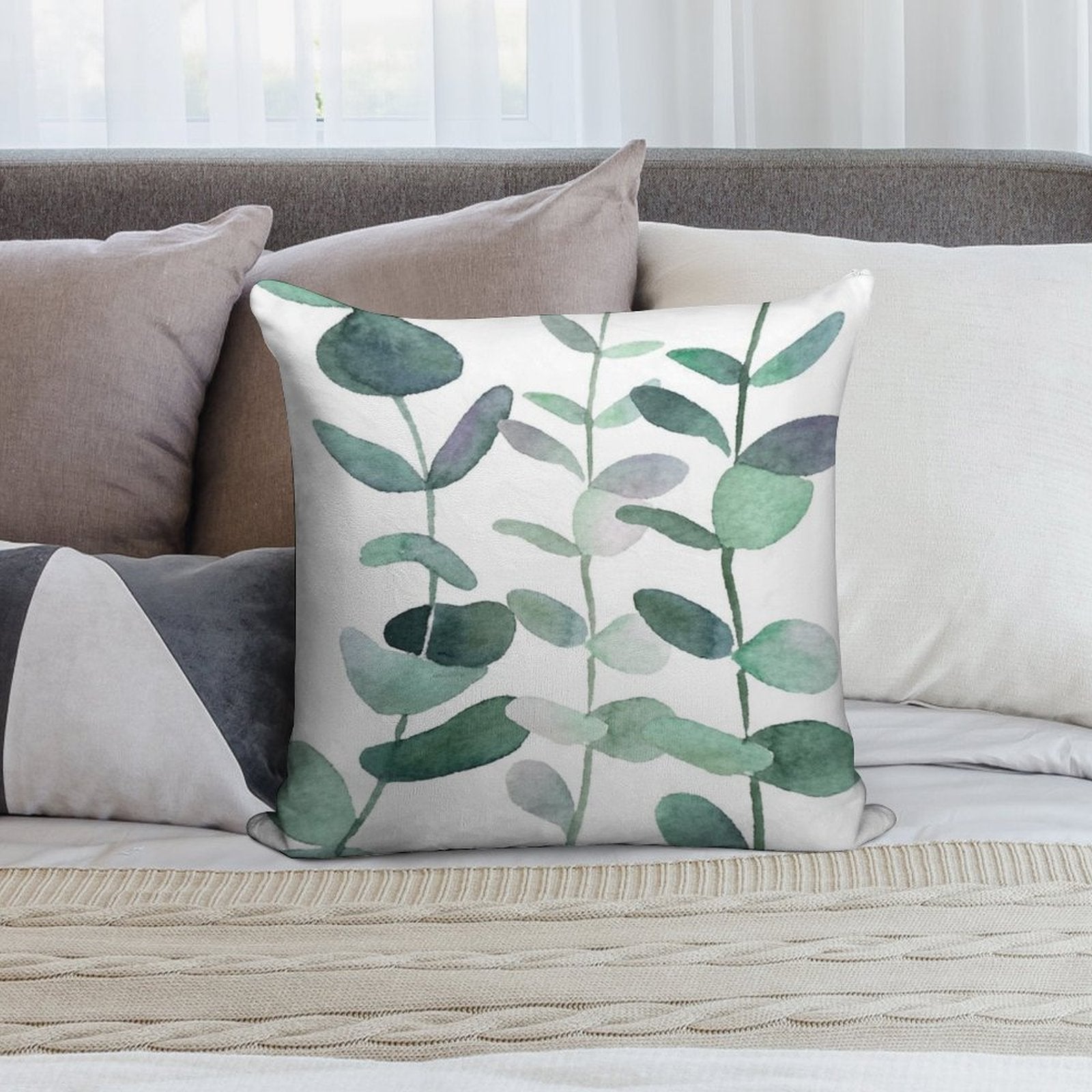 Watercolor, Eucalyptus, Leaves, Botanical, Painting, Green Soft Bedroom Essential Throw Pillow