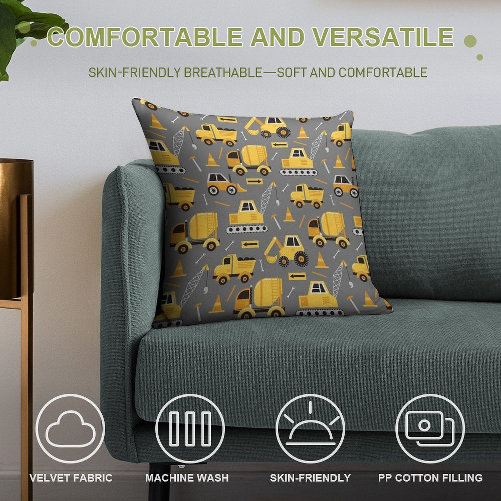 Construction Trucks on Gray Soft Skin-Friendly Throw Pillow