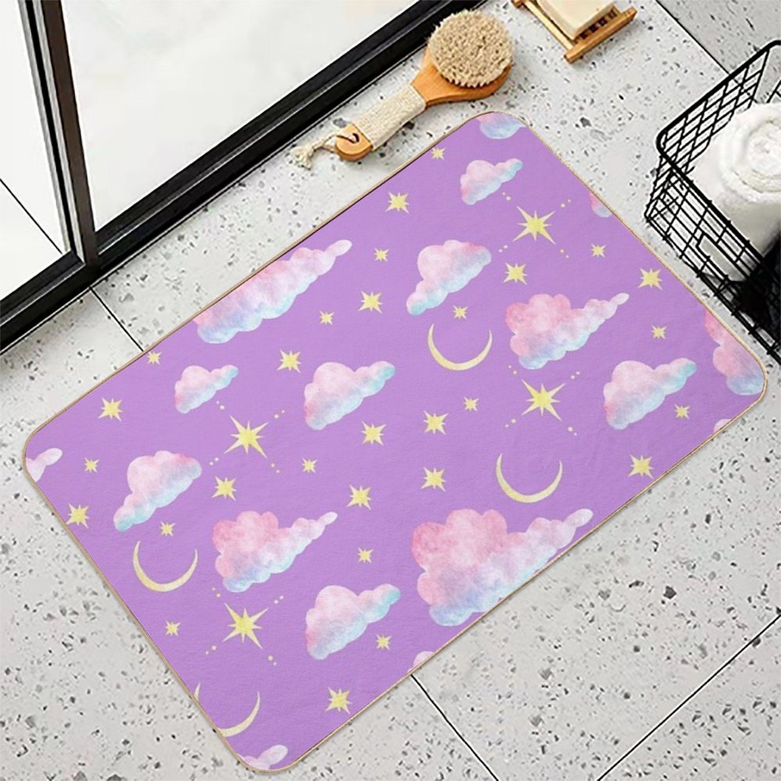 Purple Evening Sky with Moon, Stars And Clouds  Easy Maintenance Bath Mat