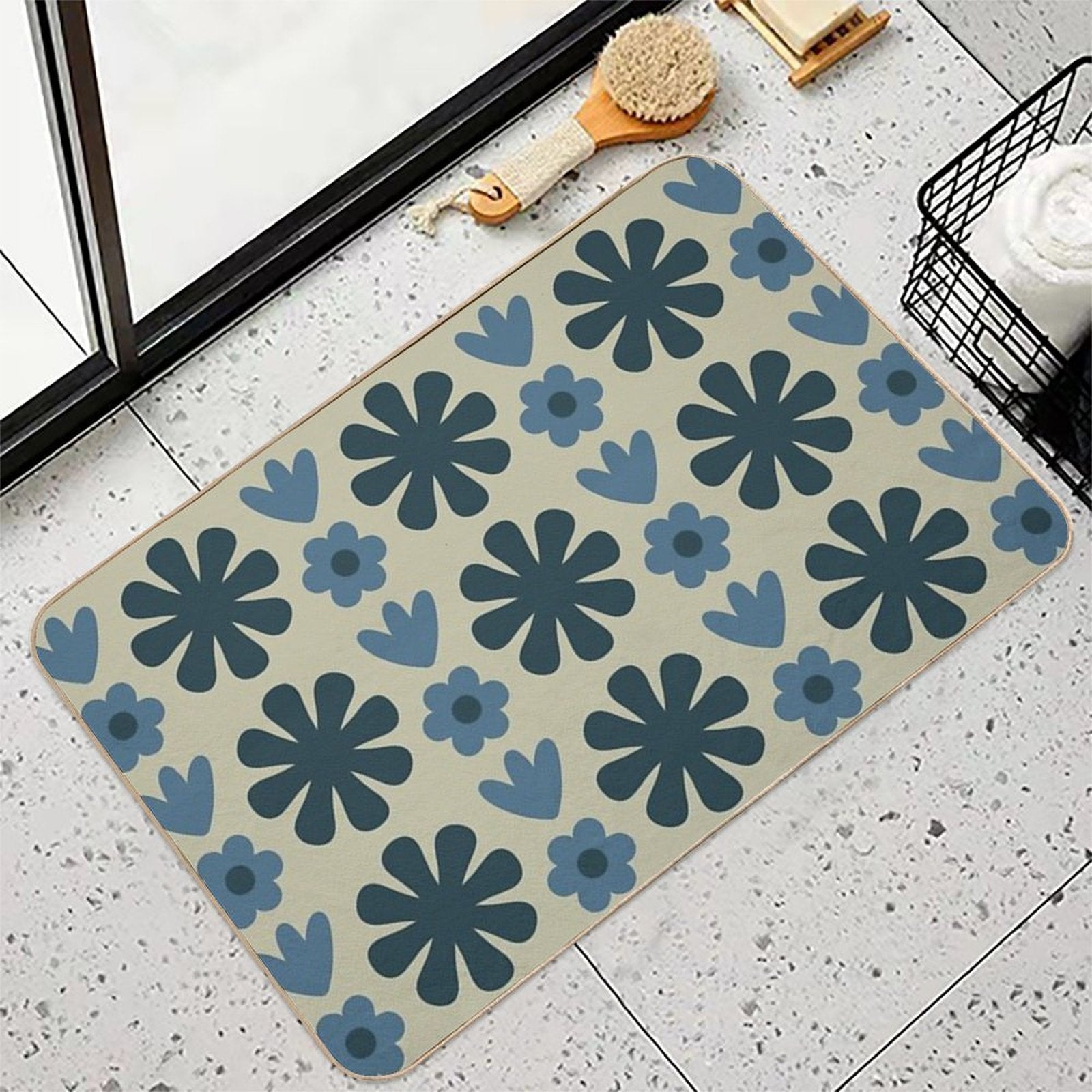 Scandi Floral Grid Retro Pattern in Vintage Blue And Beige  Long-Lasting Bath Mat