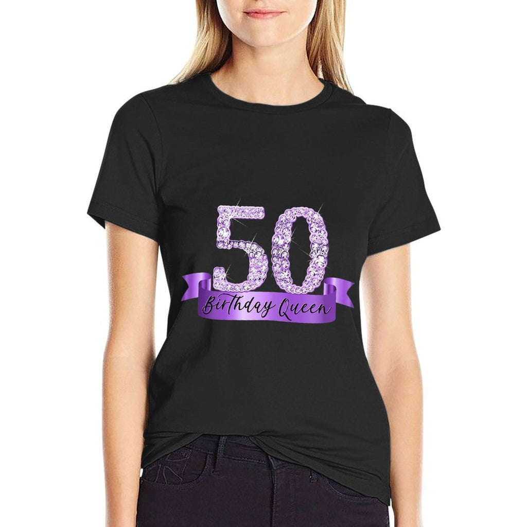 Womens Birthday Queen I Purple 50th Number & Ribbon Banner Outfit  Lightweight T-Shirt