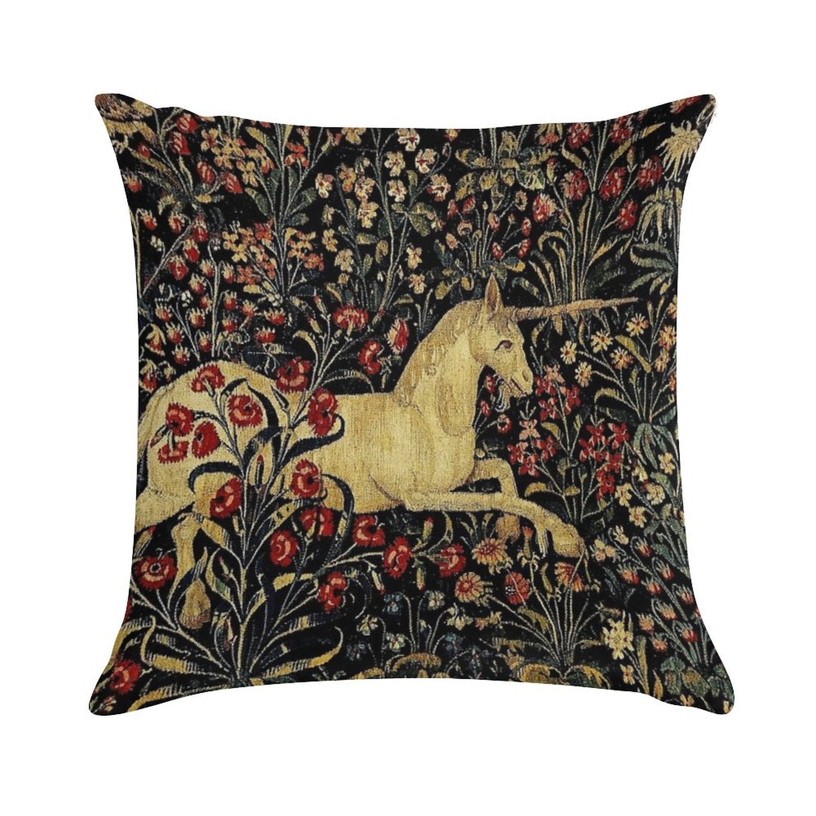 Medieval Unicorn Midnight Floral Tapestry Soft Shrink-Resistant Throw Pillow