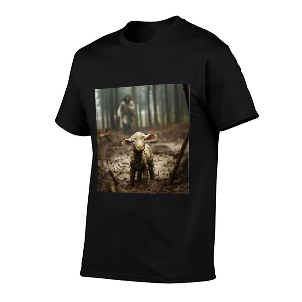 Jesus With The Sheep - Jesus Running After Lamb Art Religion  Cotton T-Shirt