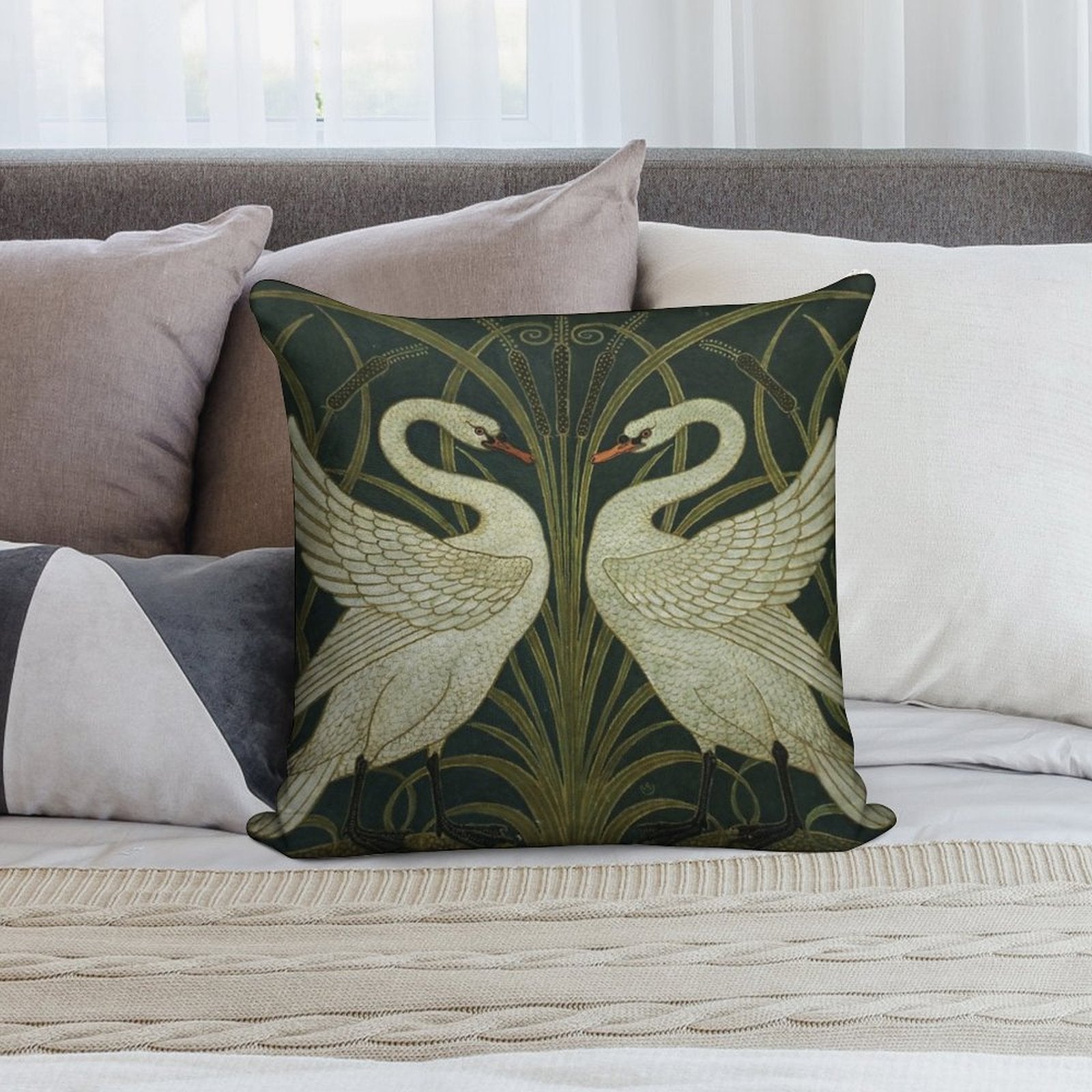 Art Deco - Swan, Rush, And Iris Soft Shrink-Resistant Throw Pillow