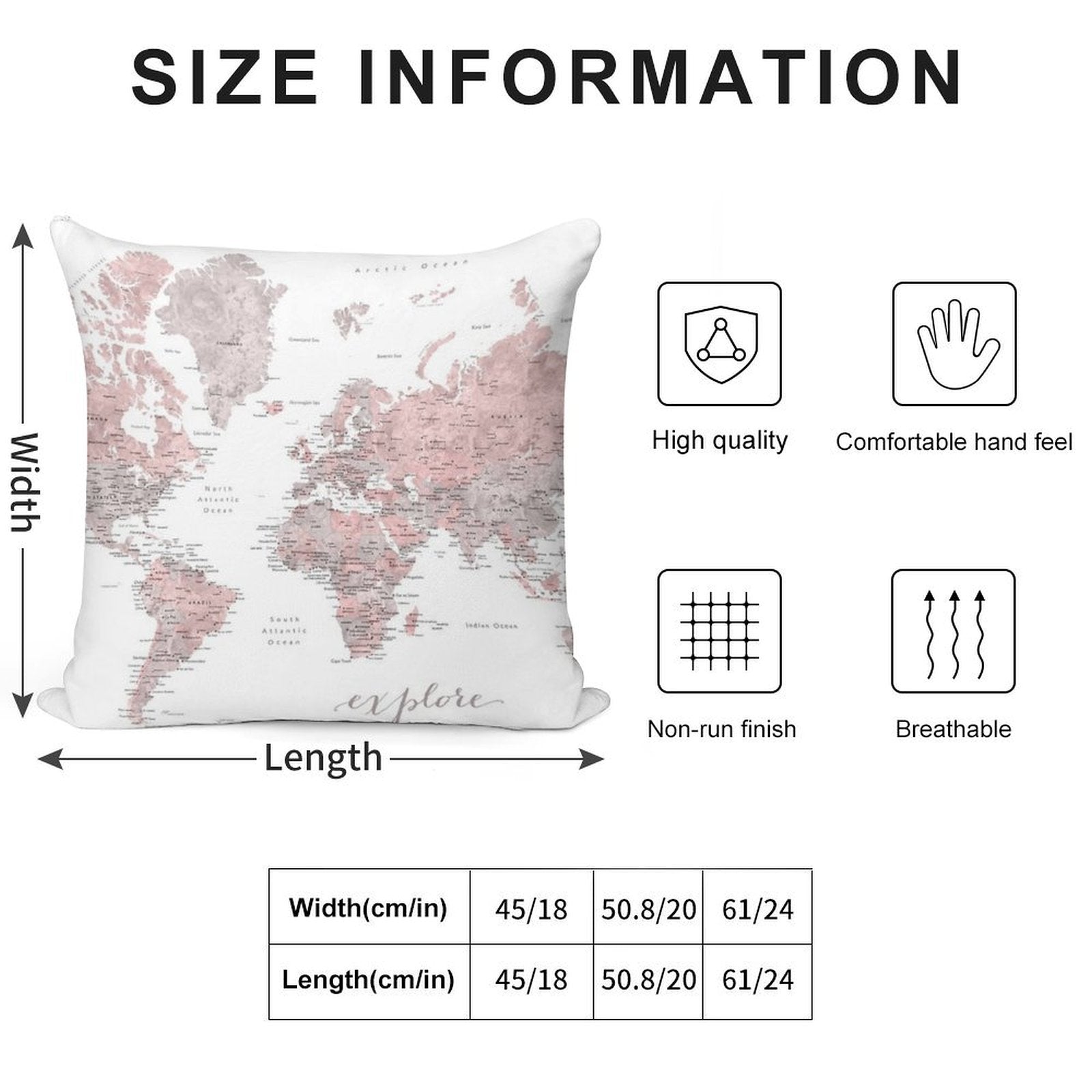 Explore - Dusty Pink And Grey Watercolor World Map, Detailed Soft Fade-Resistant Throw Pillow