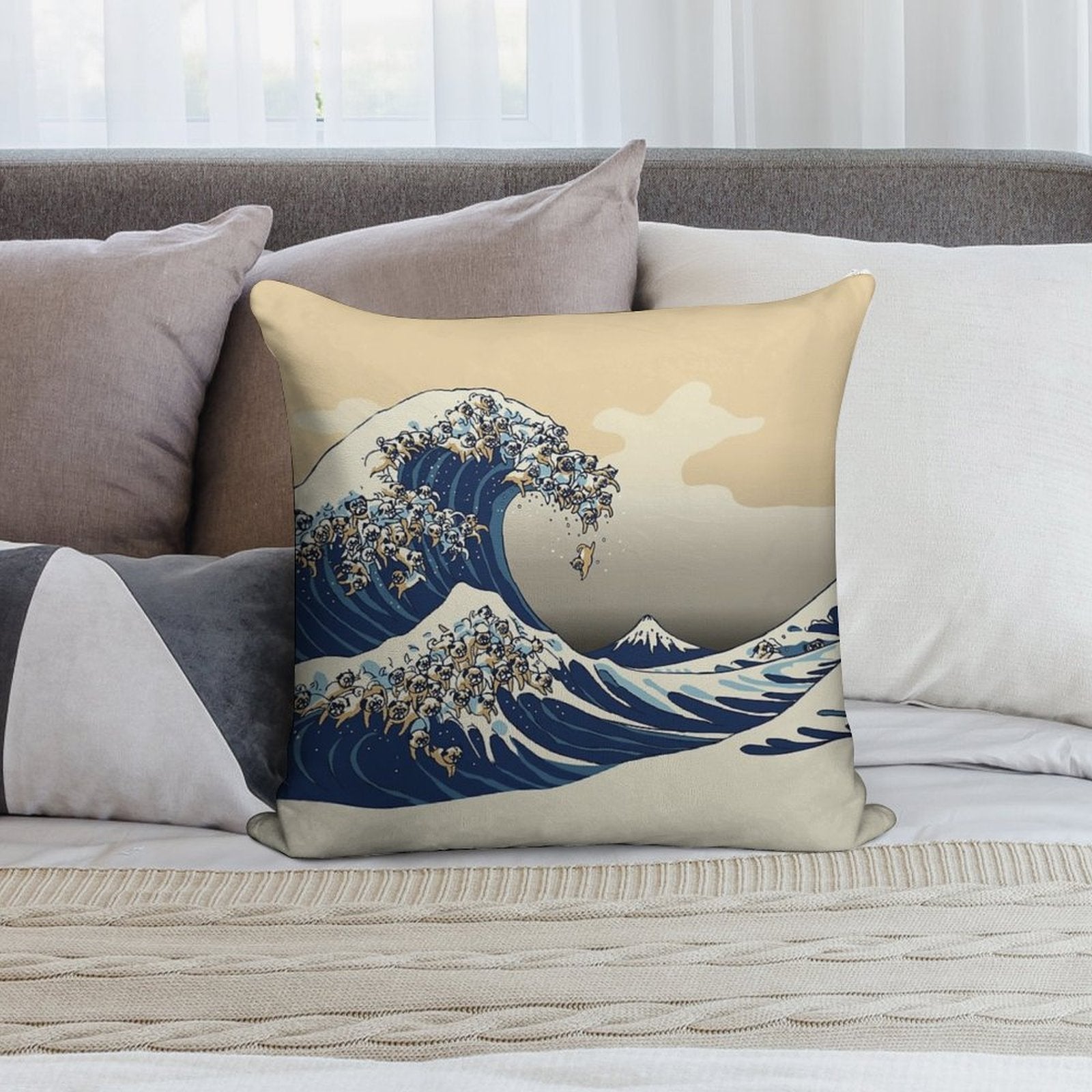 The Great Wave of Pugs Vanilla Sky Soft Skin-Friendly Throw Pillow