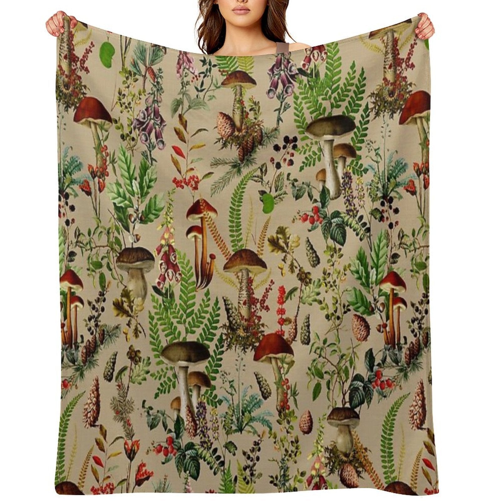 Vintage Mushrooms Forest Botanical GardenPattern - Sepia Beige Nightgarden Compact Throw Blanket