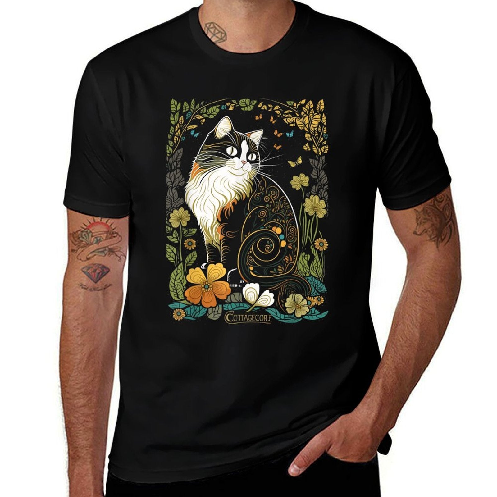 Cute Cottagecore Aesthetic Cat Flowers Butterflies Cat Mom  Breathable T-Shirt