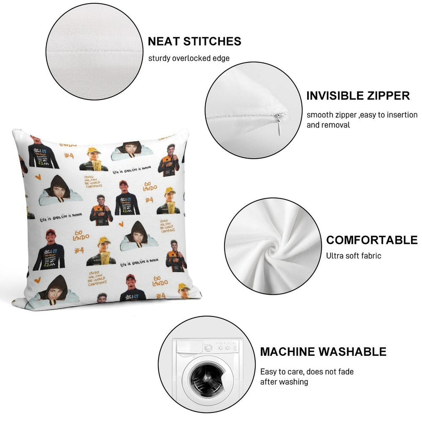 Lando Norris Illustrated Stickers Soft Hidden Zipper Throw Pillow