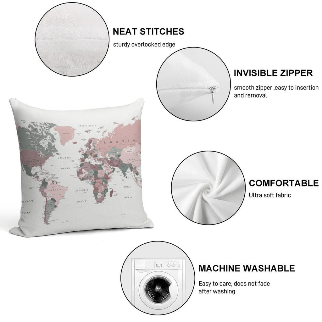Map of The World in Pink And Green Soft Decorative Cover Throw Pillow