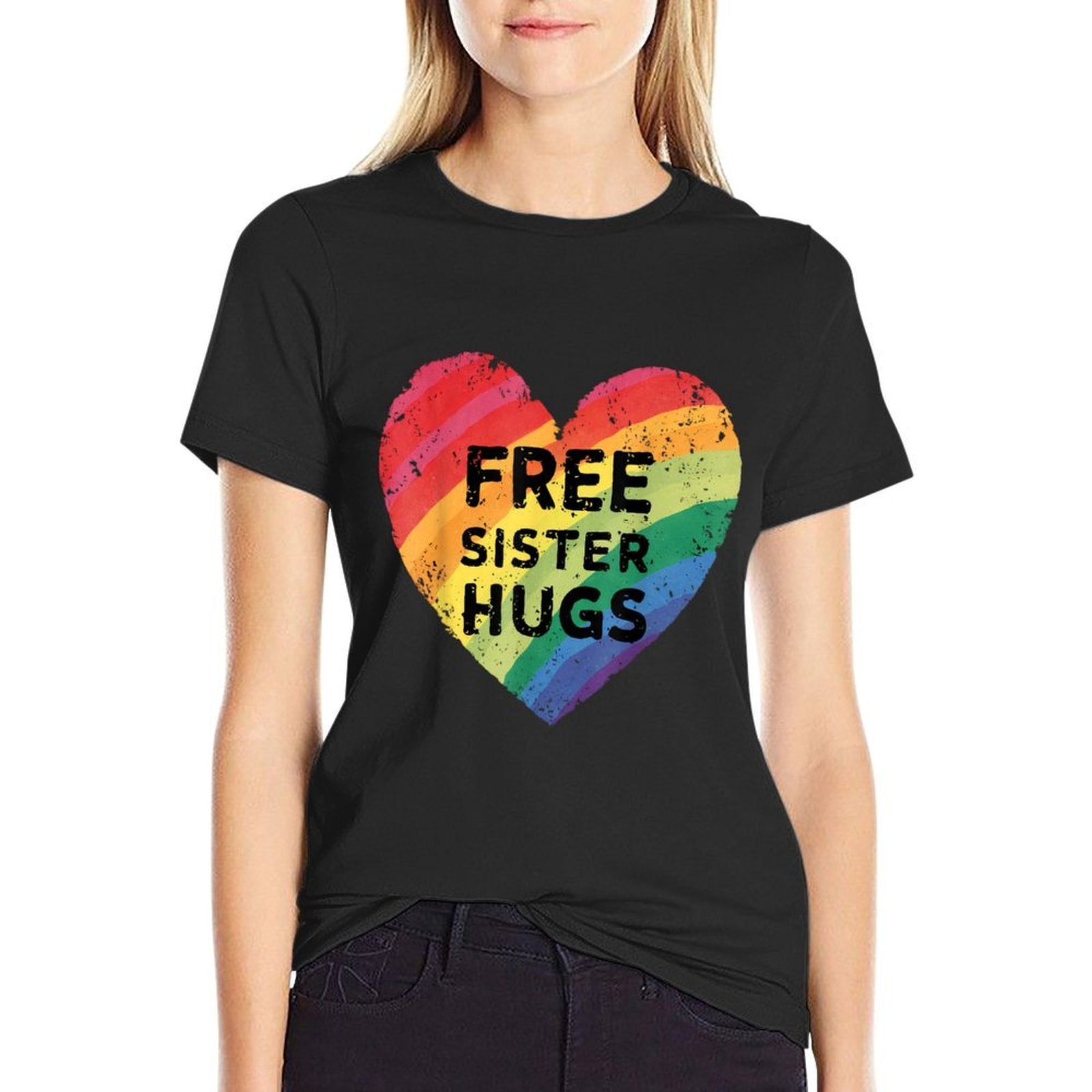 Free Sister Hugs LGBT Gay Lesbian Pride Month Rainbow  Soft T-Shirt