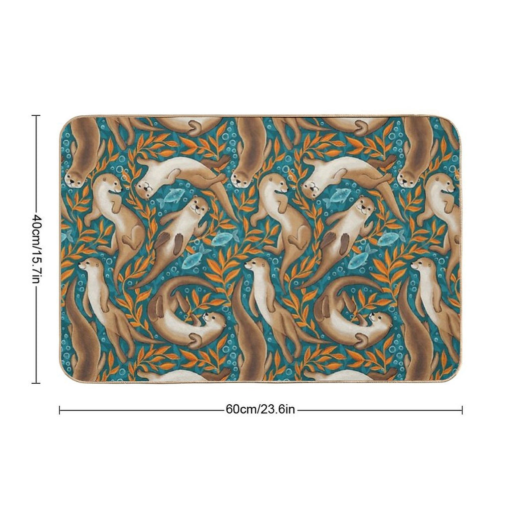 Sweet Swimming Otters in Dark Teal And Orange Gouache  Odorless Bath Mat