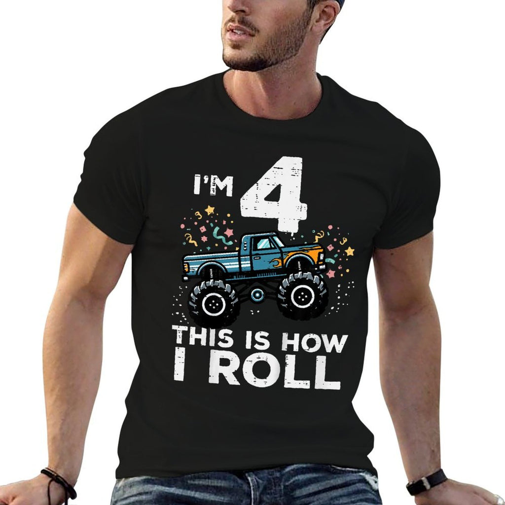 Kids Im 4 Monster Truck This How I Roll 4th Birthday Boys Kids  Ribbed Collar T-Shirt