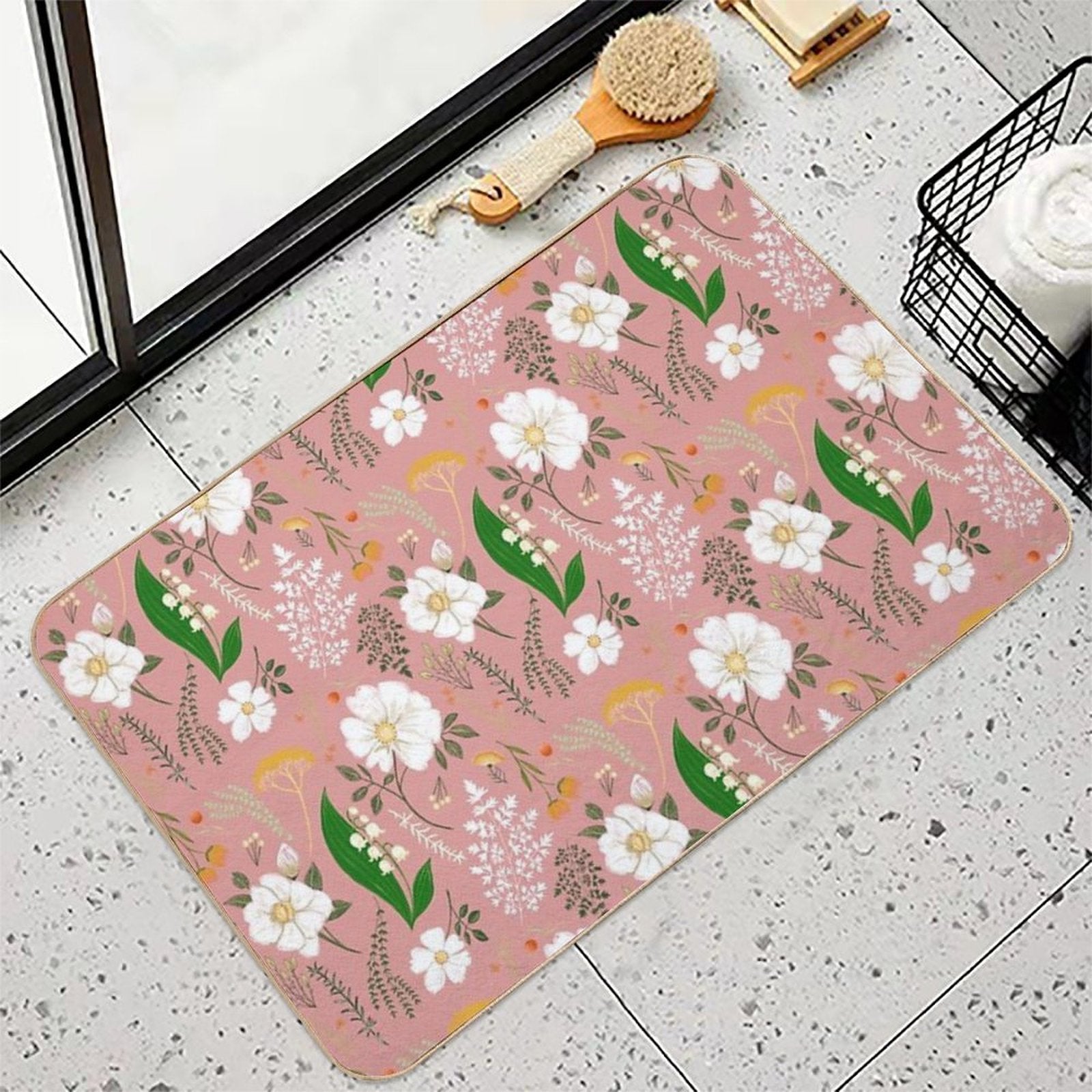 Garden Florals on Soft Pink.  Dirt-Trapping Bath Mat