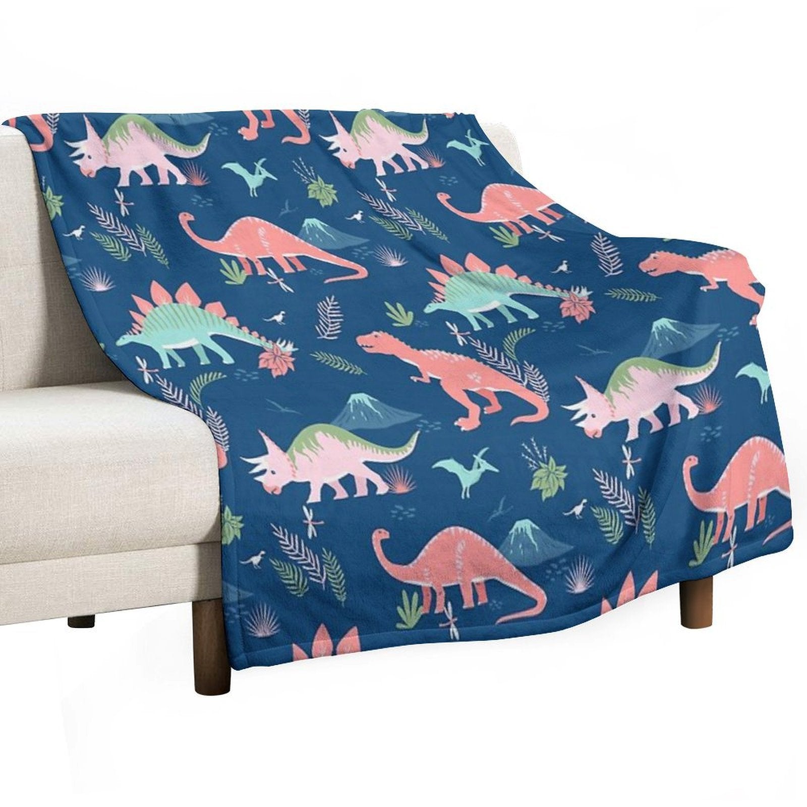 Jurassic Dinosaur in Blue + Coral Premium Throw Blanket