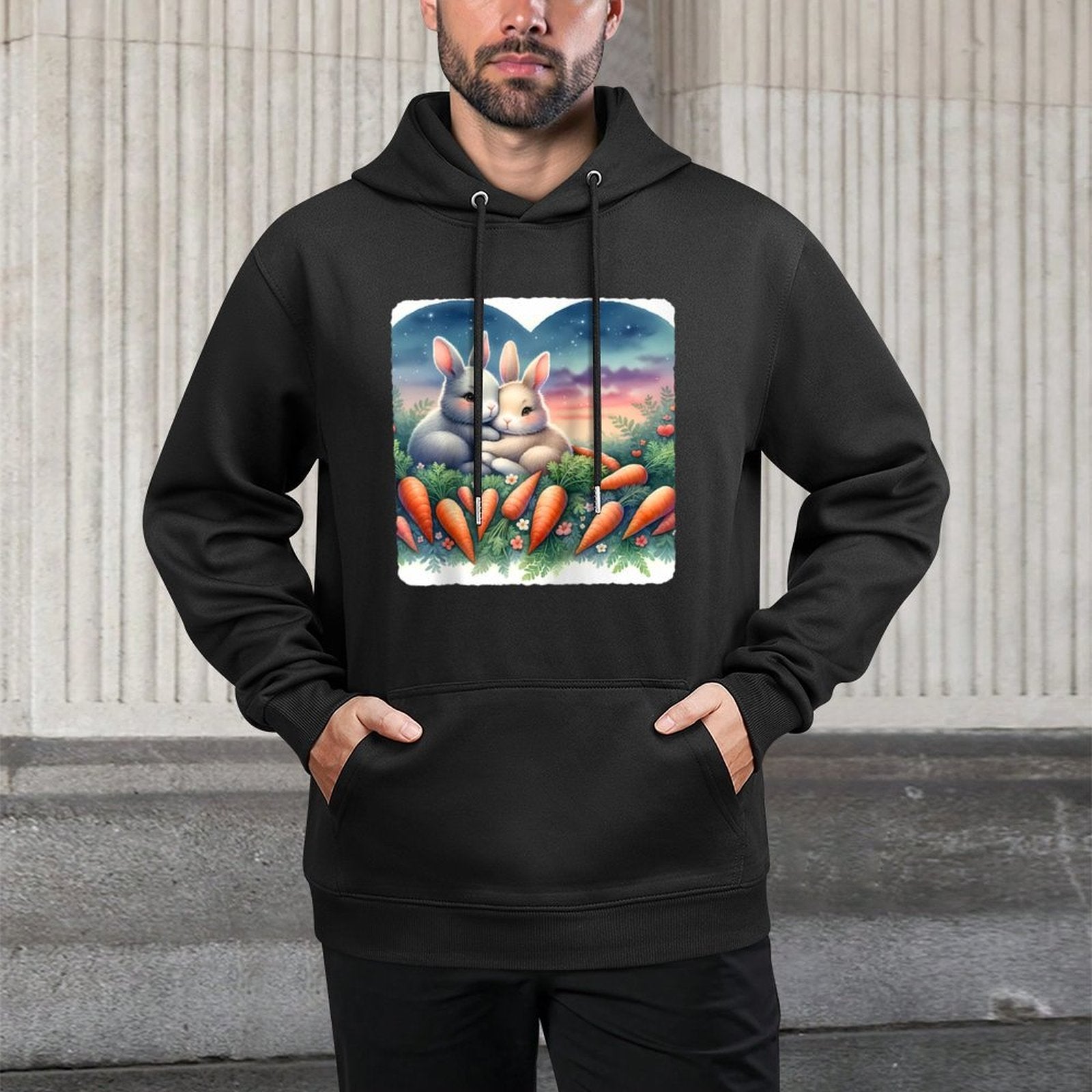 Rabbits Snuggle Among Heart-Carrots, Dusk Raglan Baseball Shrink-Resistant Hoodie