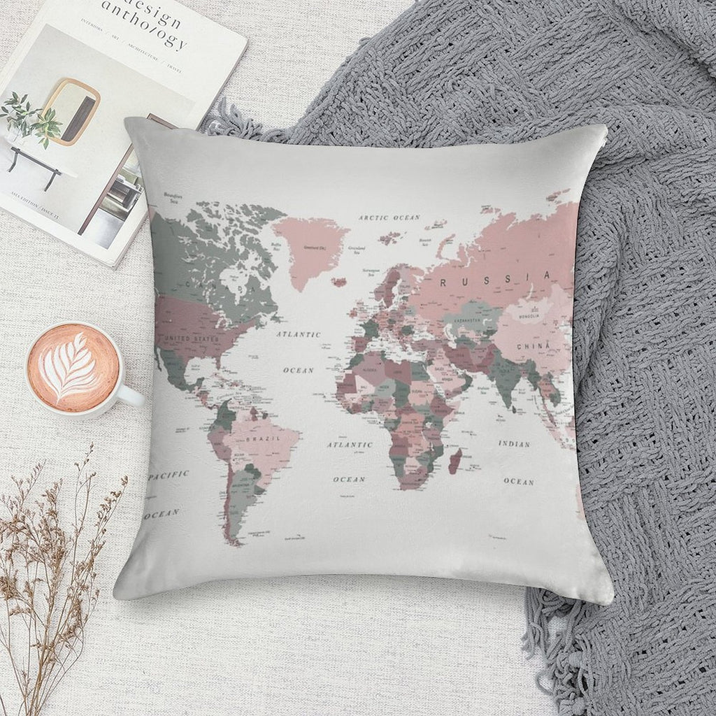 Map of The World in Pink And Green Soft Decorative Cover Throw Pillow