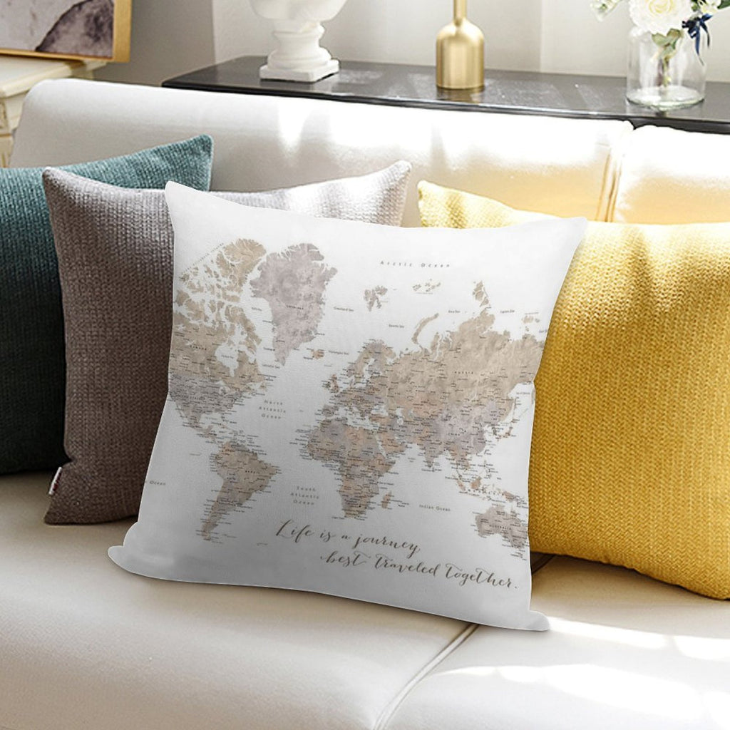 Life Is A Jouney Best Travelled Together, World Map, Abey Soft Easy Maintenance Throw Pillow
