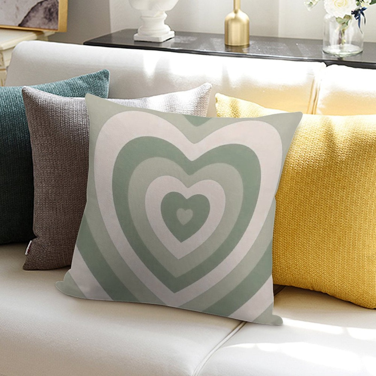 Sage Green Heart Soft Home Decor Throw Pillow