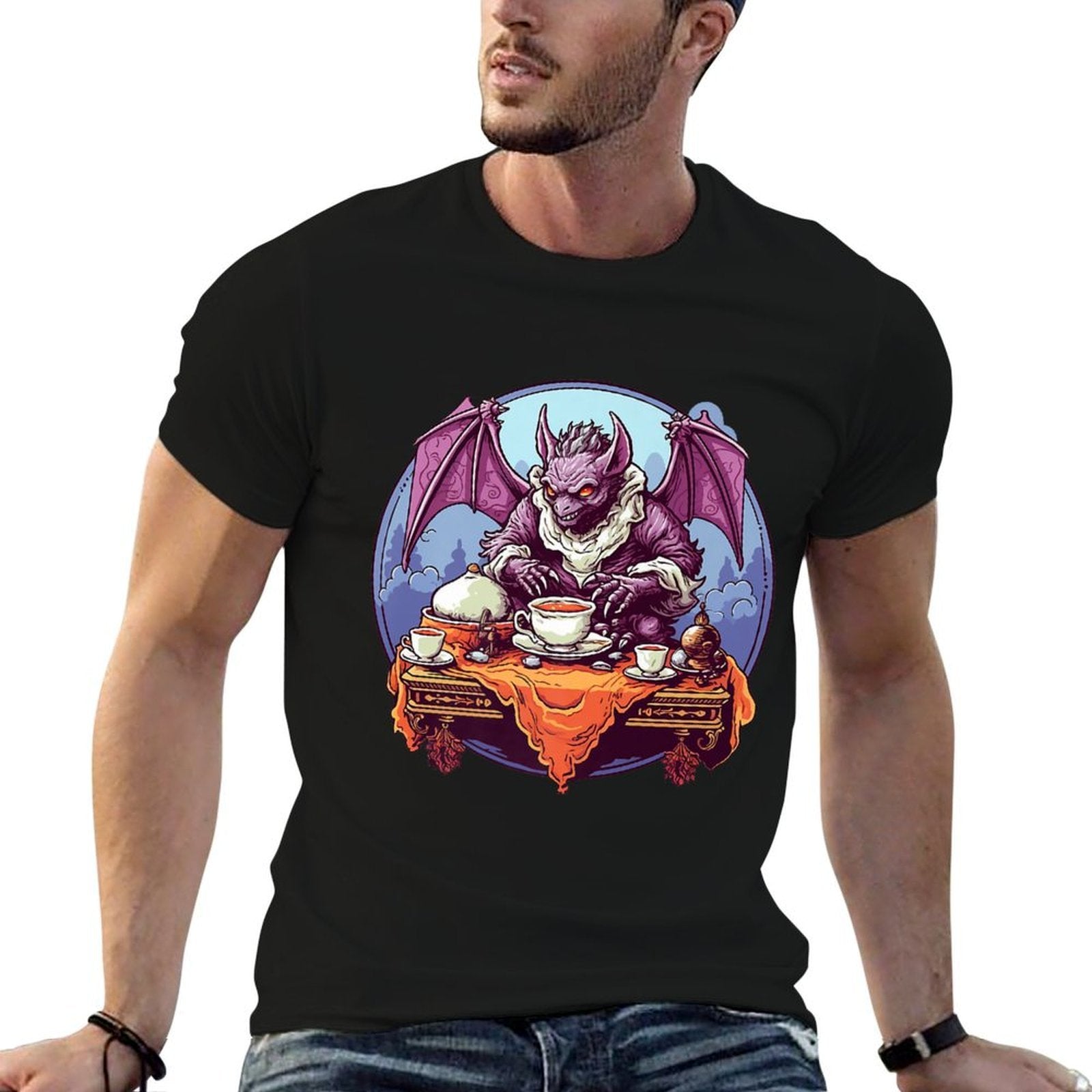 Halloween Gargoyle Tea Mystic Twilight Vampire Premium  Ribbed Collar T-Shirt