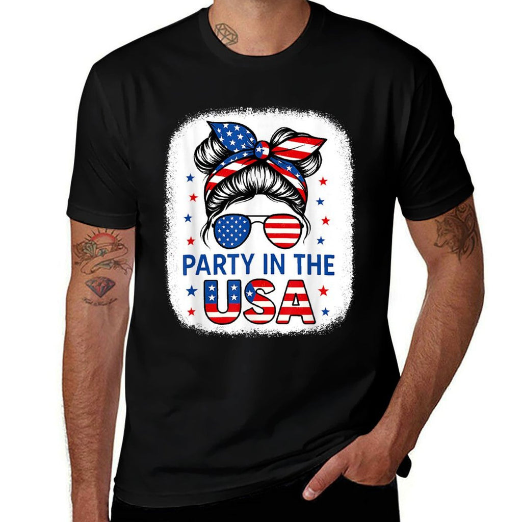 Party In USA Girls 4th of July Daughter Messy Bun USA  Breathable T-Shirt