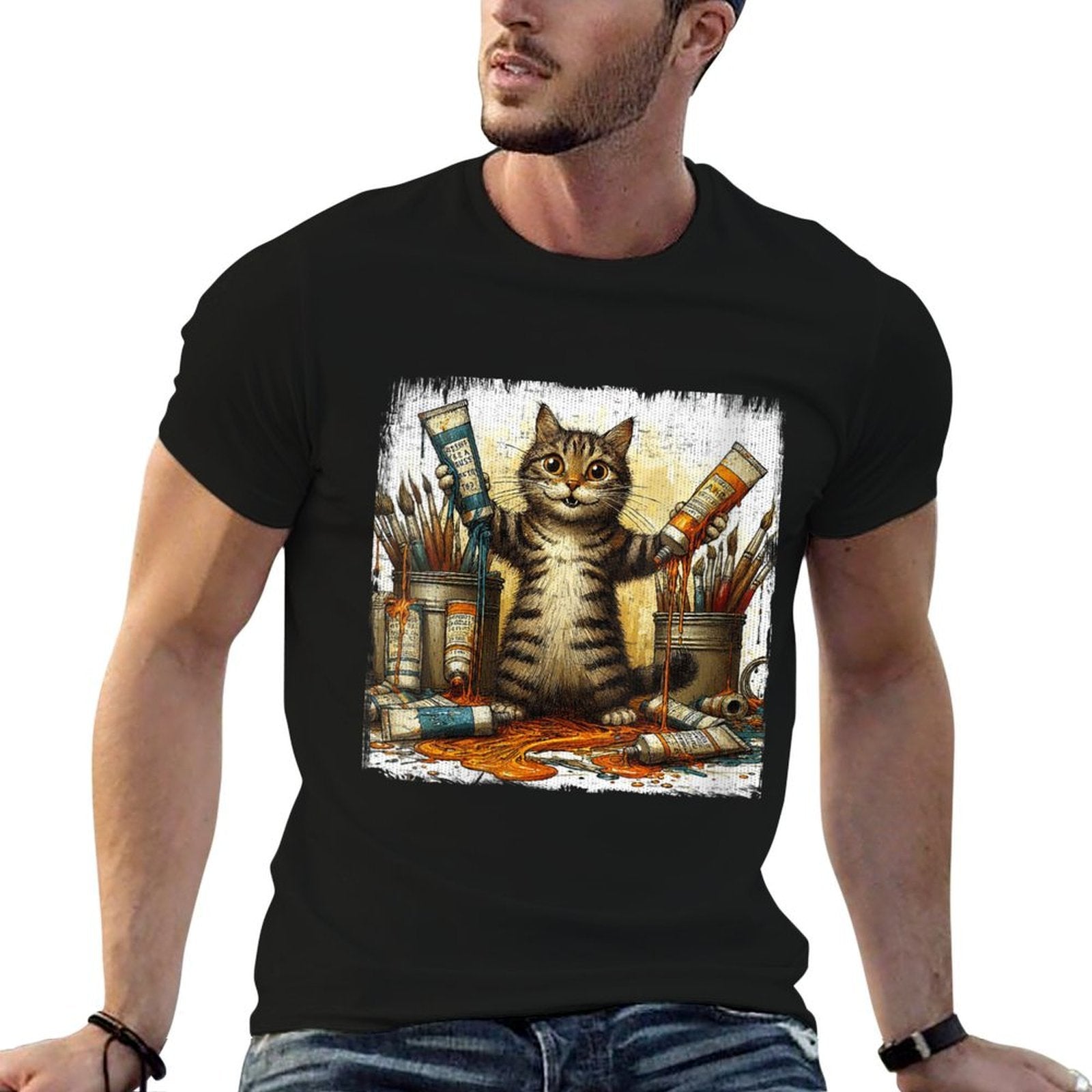 Womens Cat And Oil Paint Design For Painters And Artists  Versatile T-Shirt