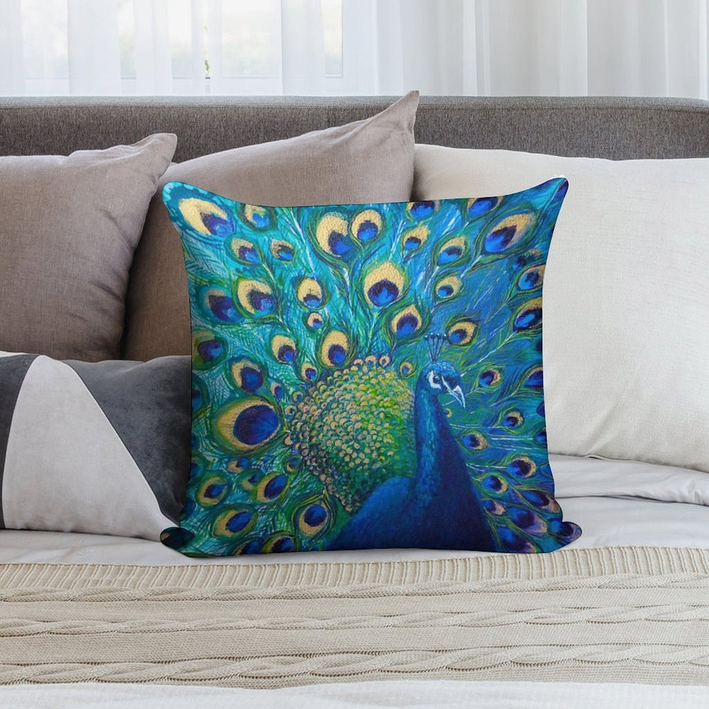 Beautiful Painted Peacock in Its Full Glory Soft Short Plush Fabric Throw Pillow