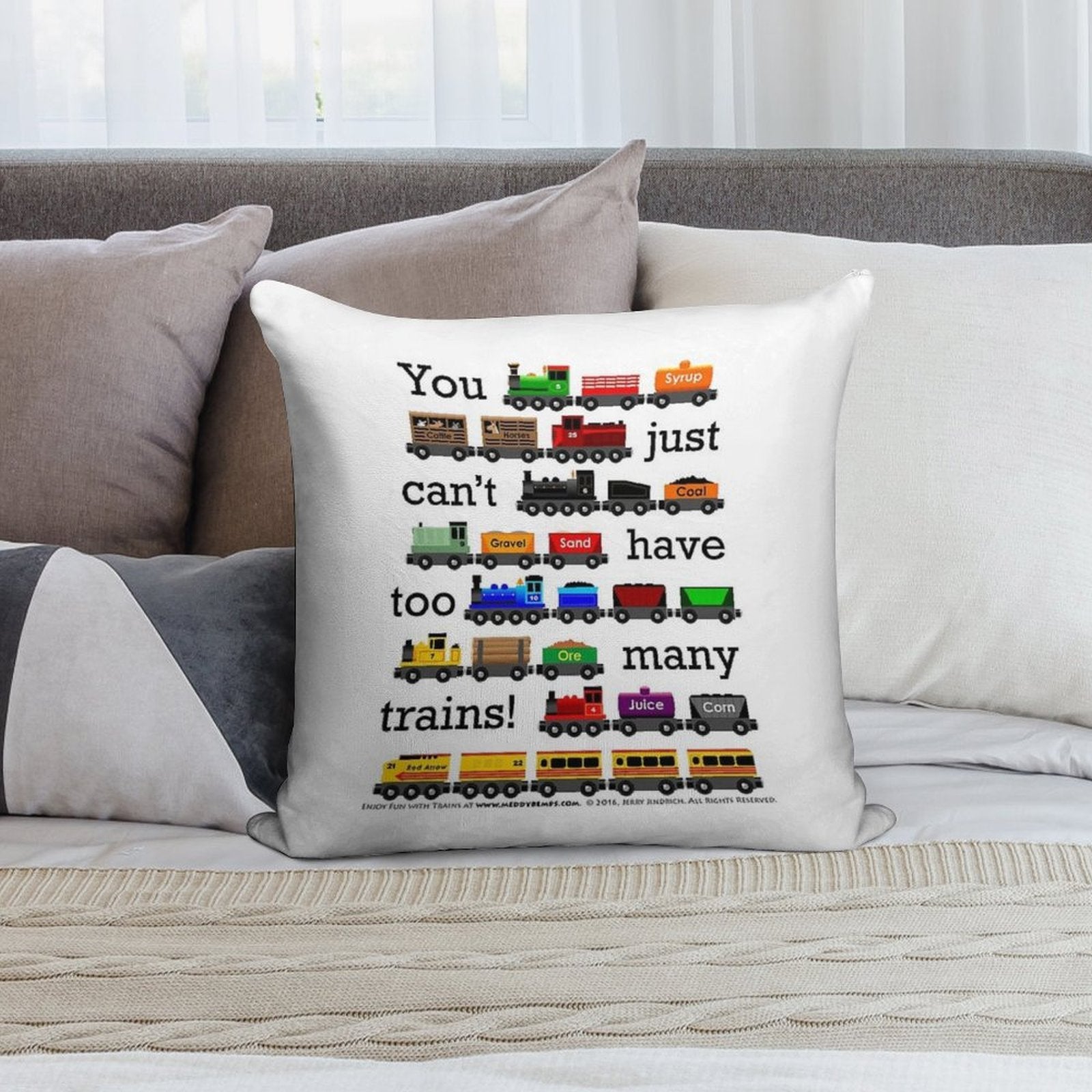 Too Many Trains - Black Lettering Soft Hidden Zipper Throw Pillow