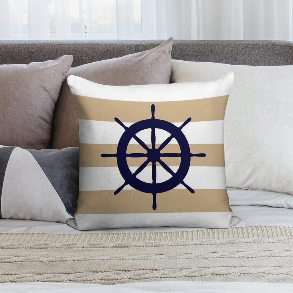 Nautical Navy Blue Ship's Steering Wheel On Tropical Tan Stripes Soft Hidden Zipper Throw Pillow