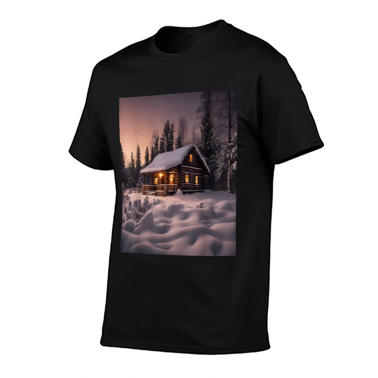 Log Cabin Snow Twilight  Ribbed Collar T-Shirt