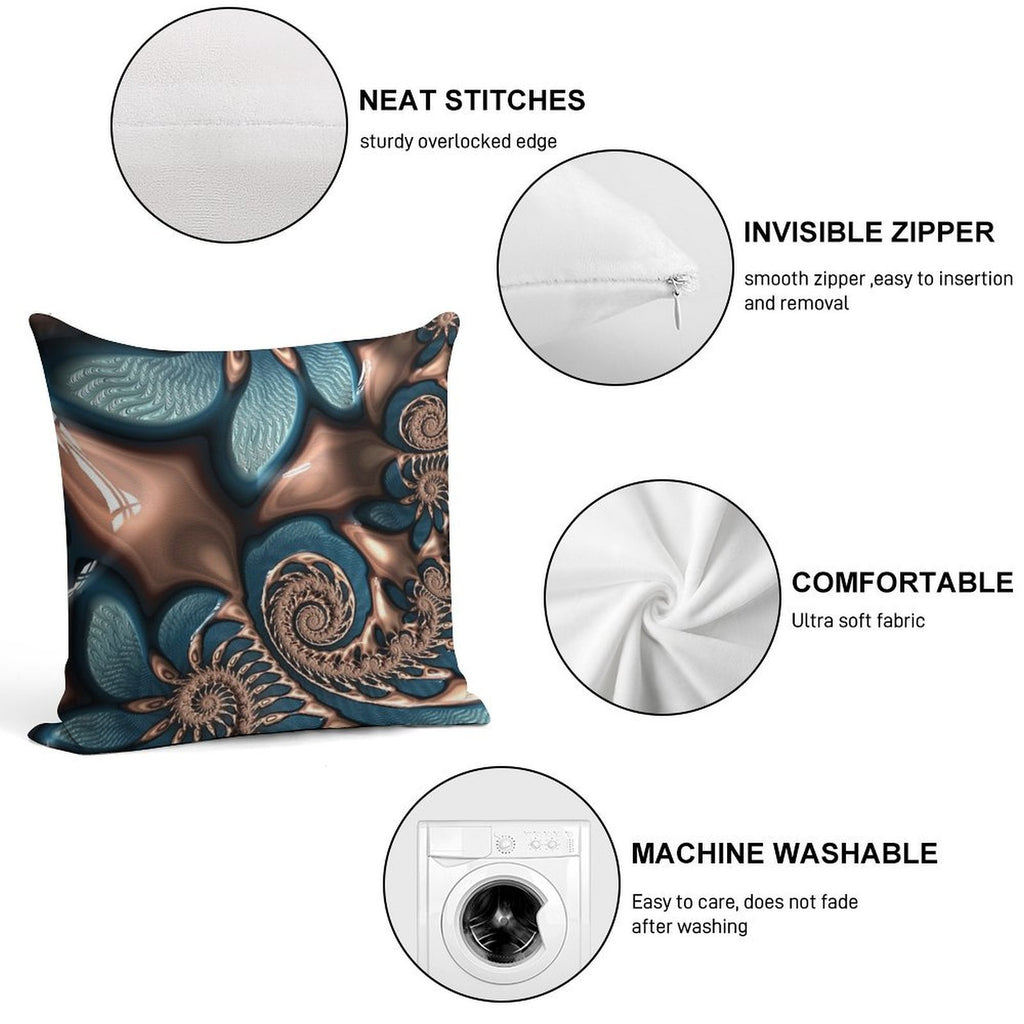 Teal And Chocolate Swirl - Blue Brown Fractal Spirals Soft Reinforced Edging Throw Pillow