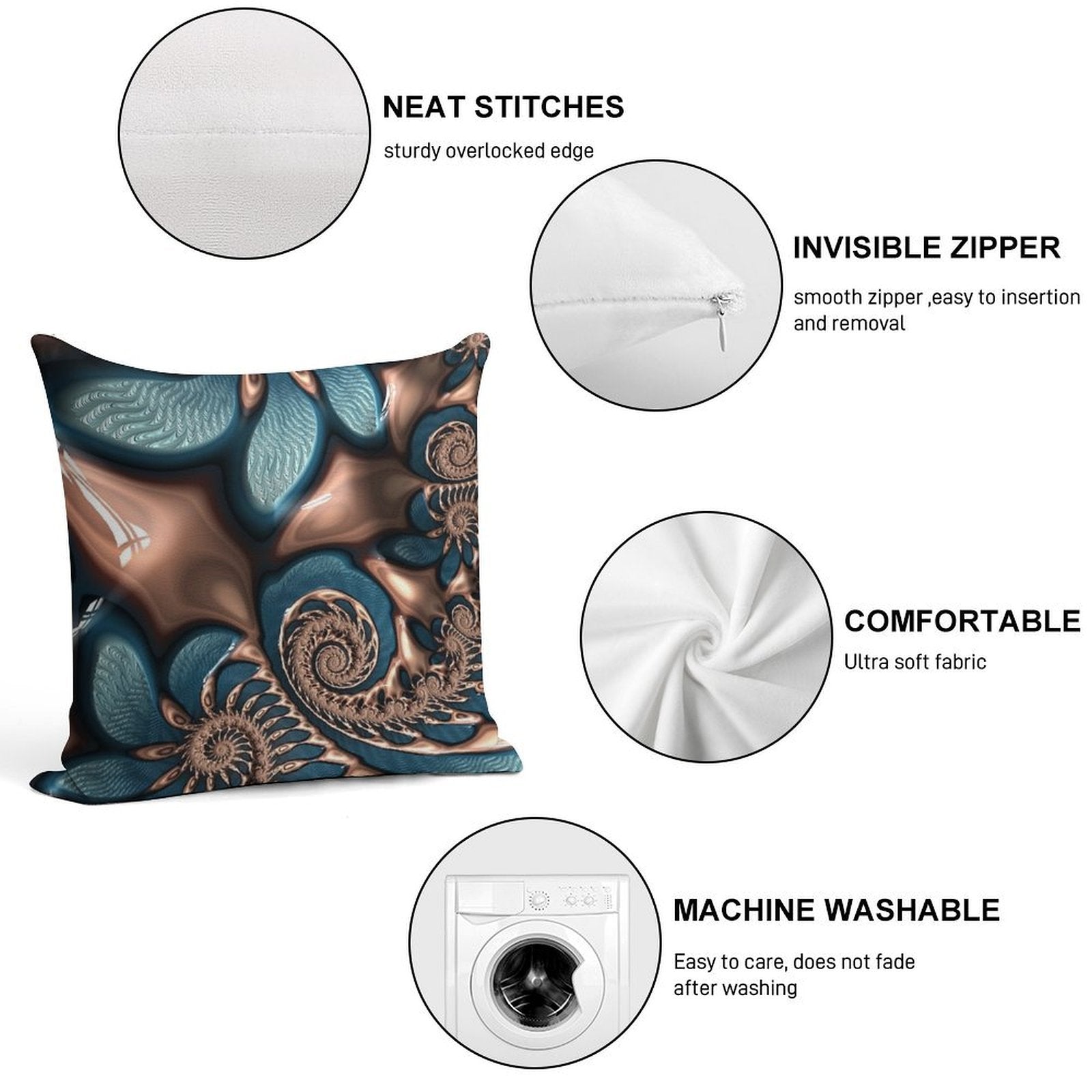 Teal And Chocolate Swirl - Blue Brown Fractal Spirals Soft Reinforced Edging Throw Pillow