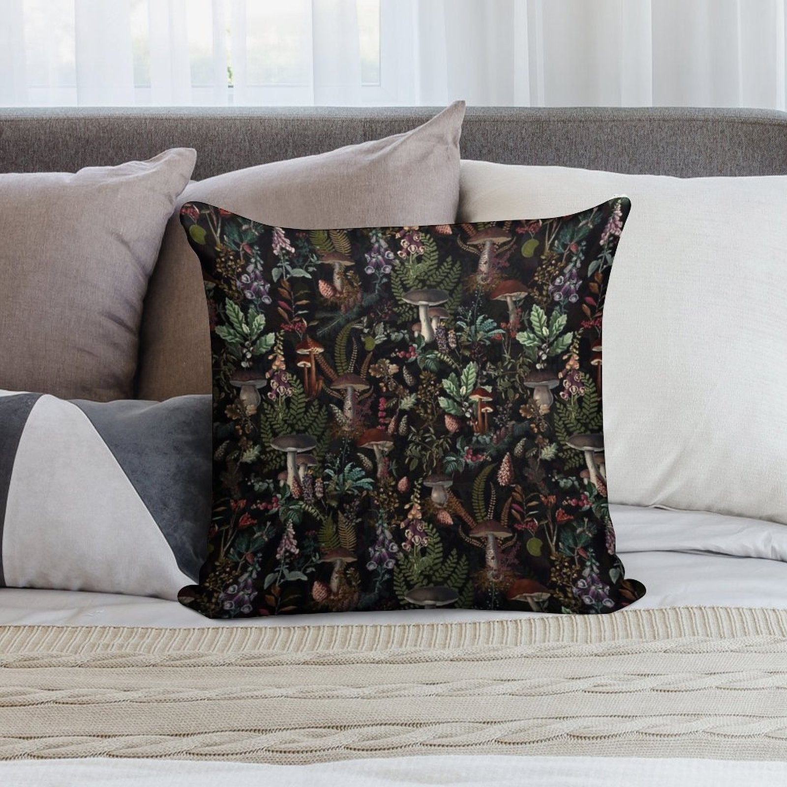 Vintage Mysterious Mushrooms Forest Botanical Botanical Night Garden Pattern NightGarden Soft Gift Ready Throw Pillow