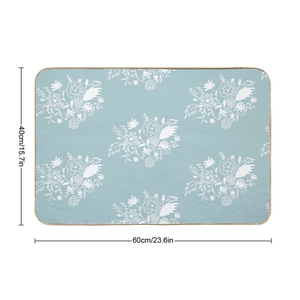 White Abstract Floral Patterns with Sky Blue Background  Toxin-Free Bath Mat