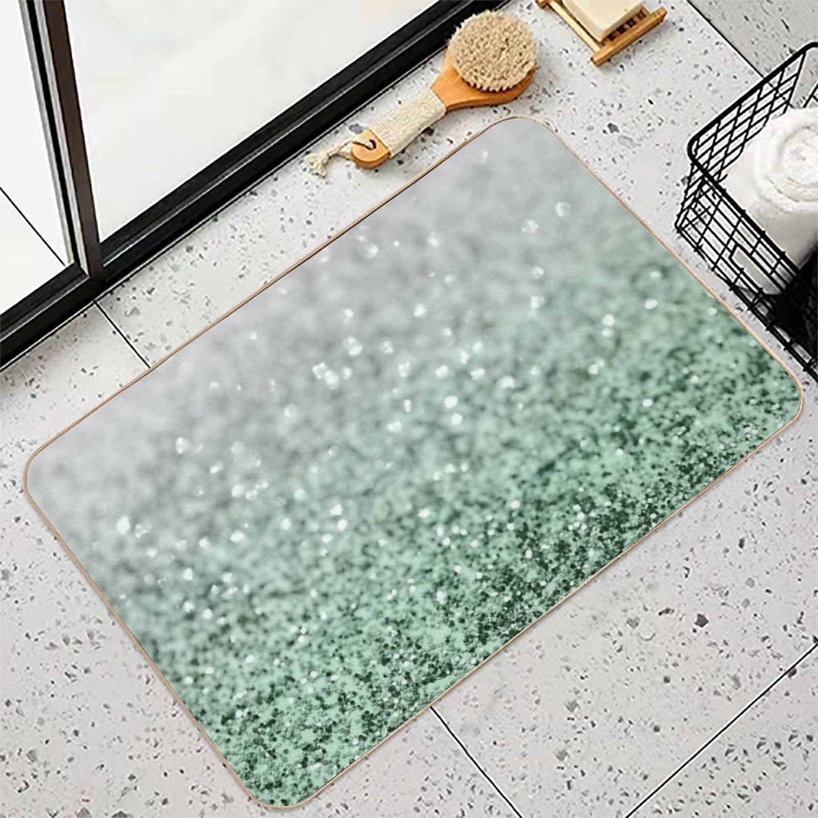 Silver Pastel Mint Green Ocean Glam #1 (Photo of Glitter Only - Not Reflective)  Long-Lasting Bath Mat