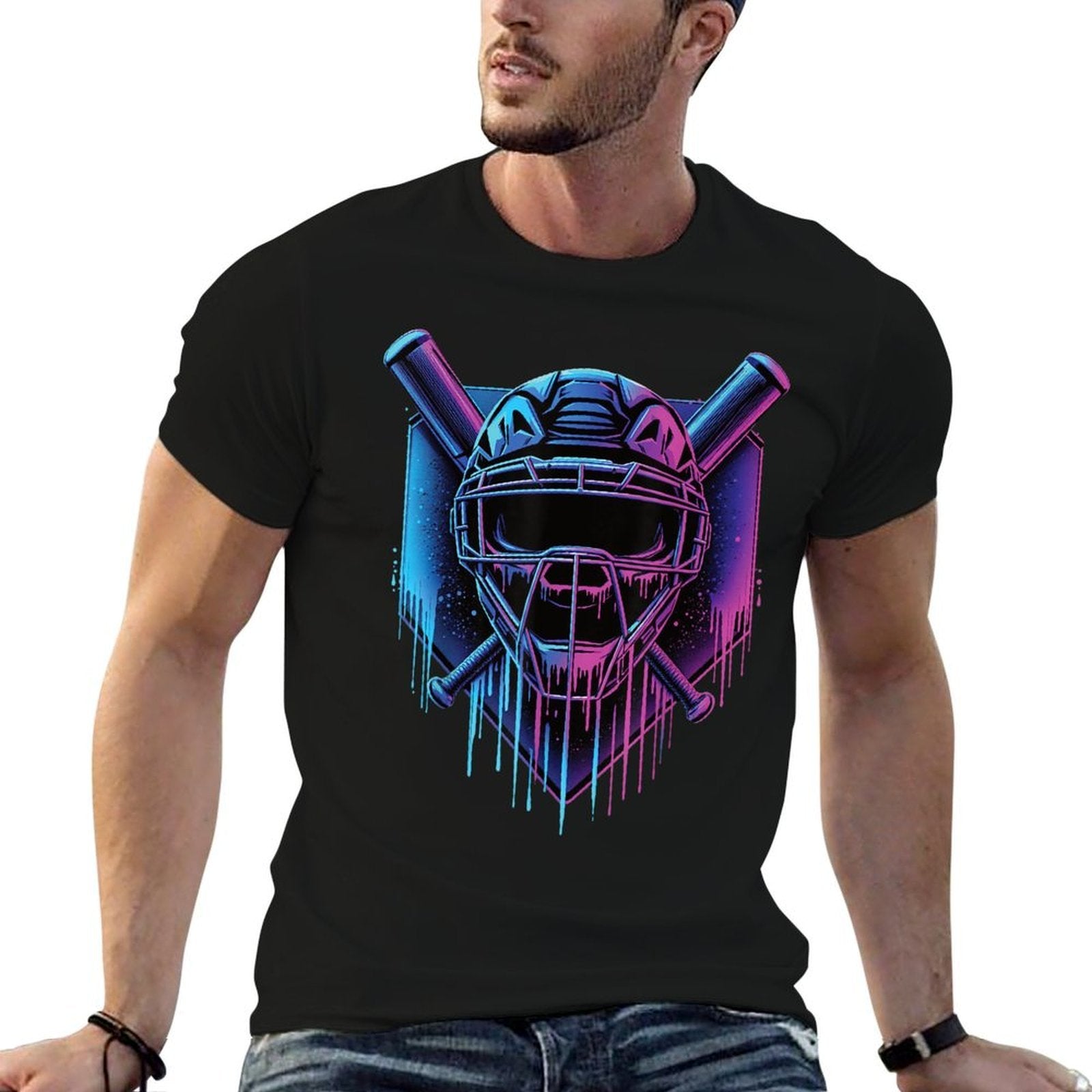 Baseball Catcher Mask Paint Dripping Baseball Fan Young Boys  Ribbed Collar T-Shirt