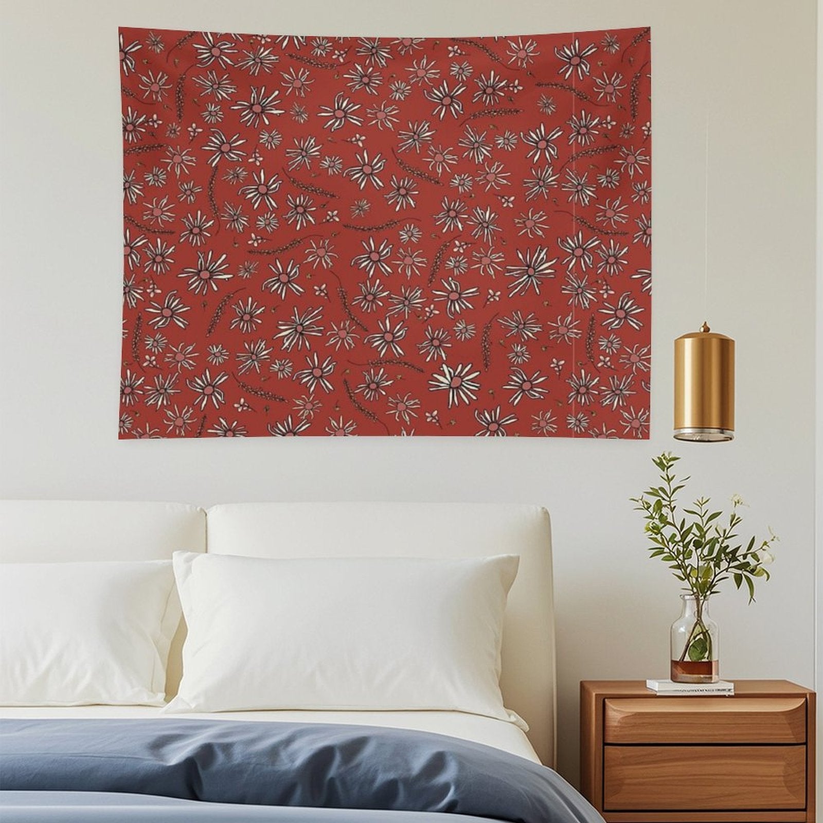 Red Daisy Surface Pattern Design, Wild Flower Art Tapestry