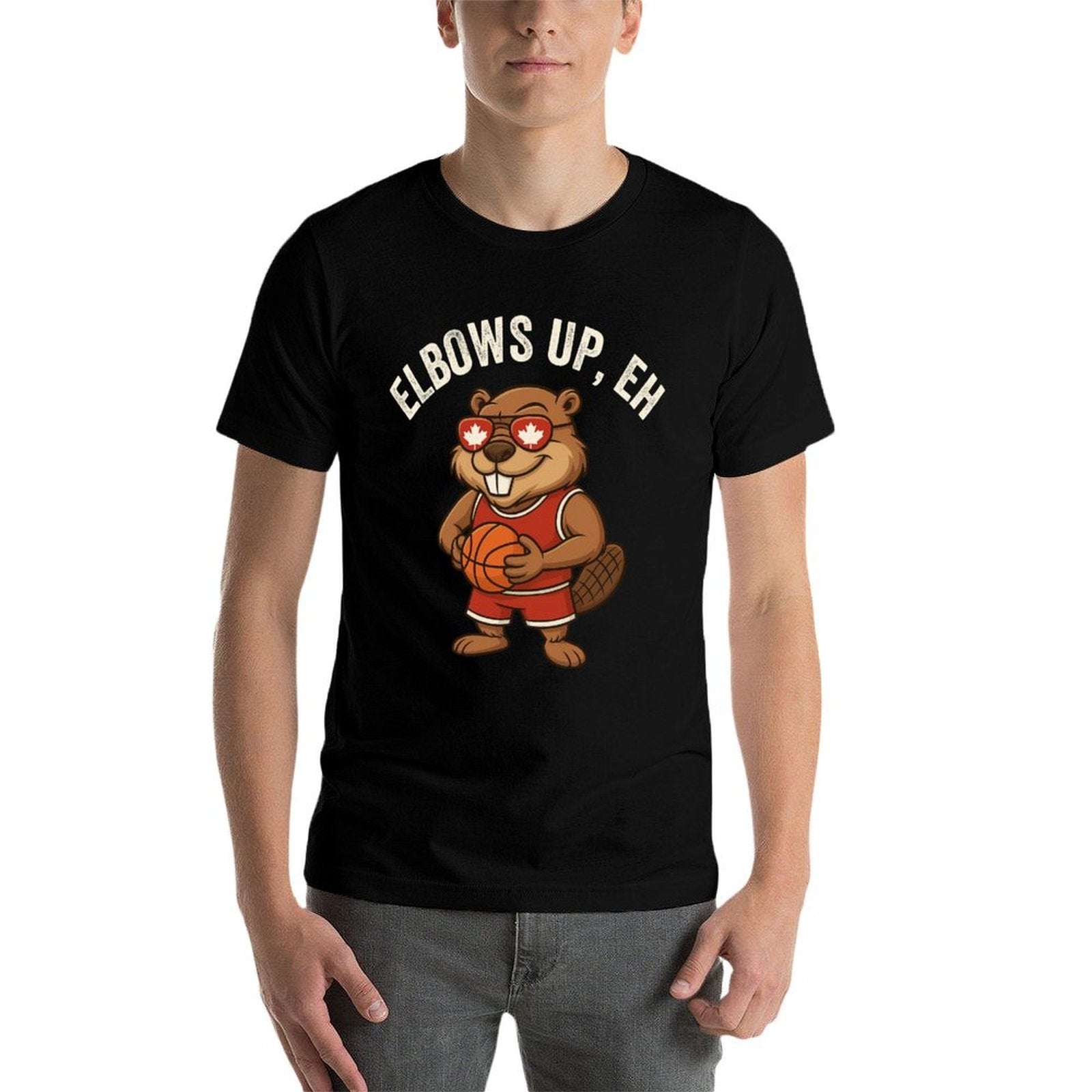Elbows Up Eh Beaver Maple Leaf Funny Canada BasketBall  Stretchy T-Shirt