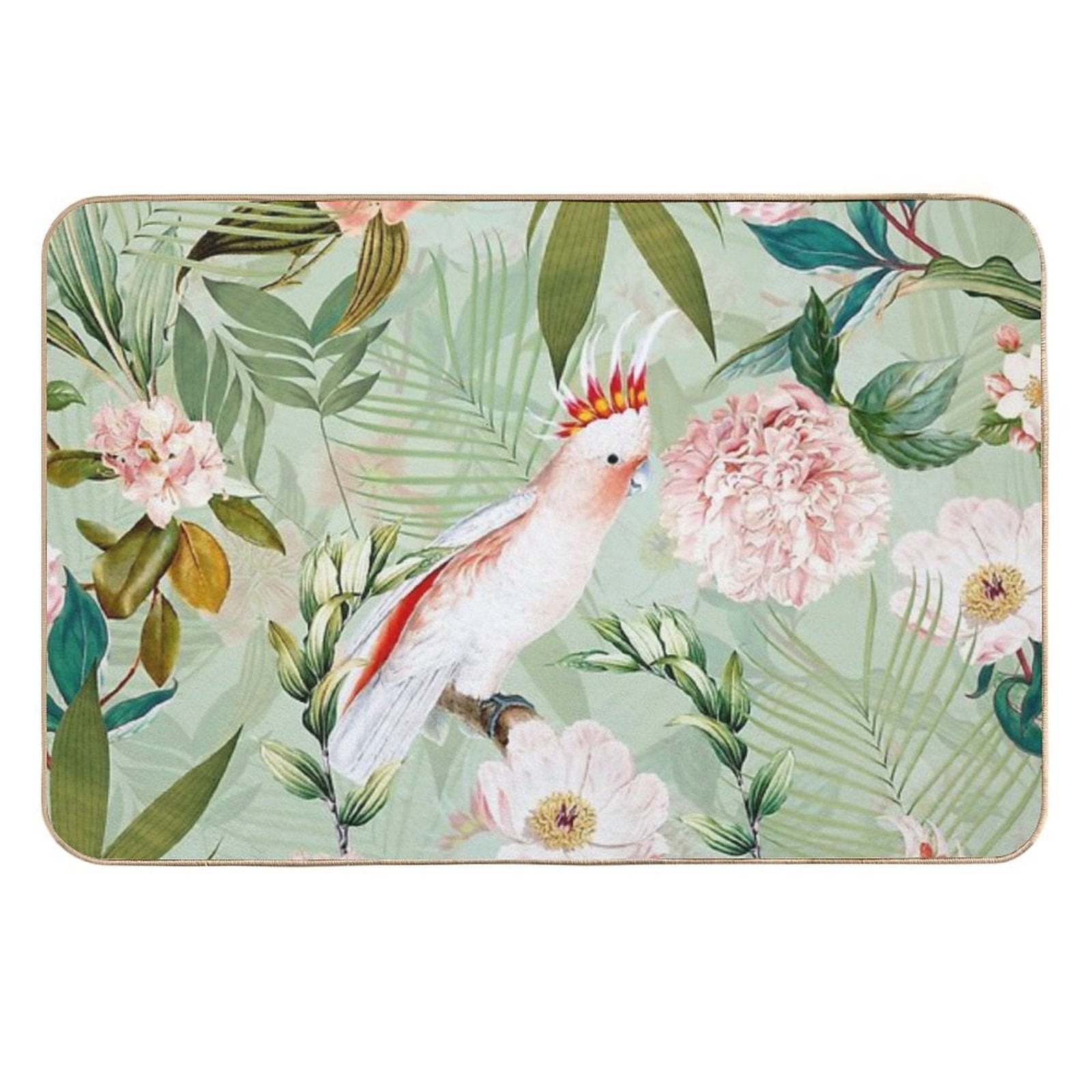 Tropical Cockatoo And Jungle Botanical Garden Pattern - Mint  Slip-Resistant Bath Mat