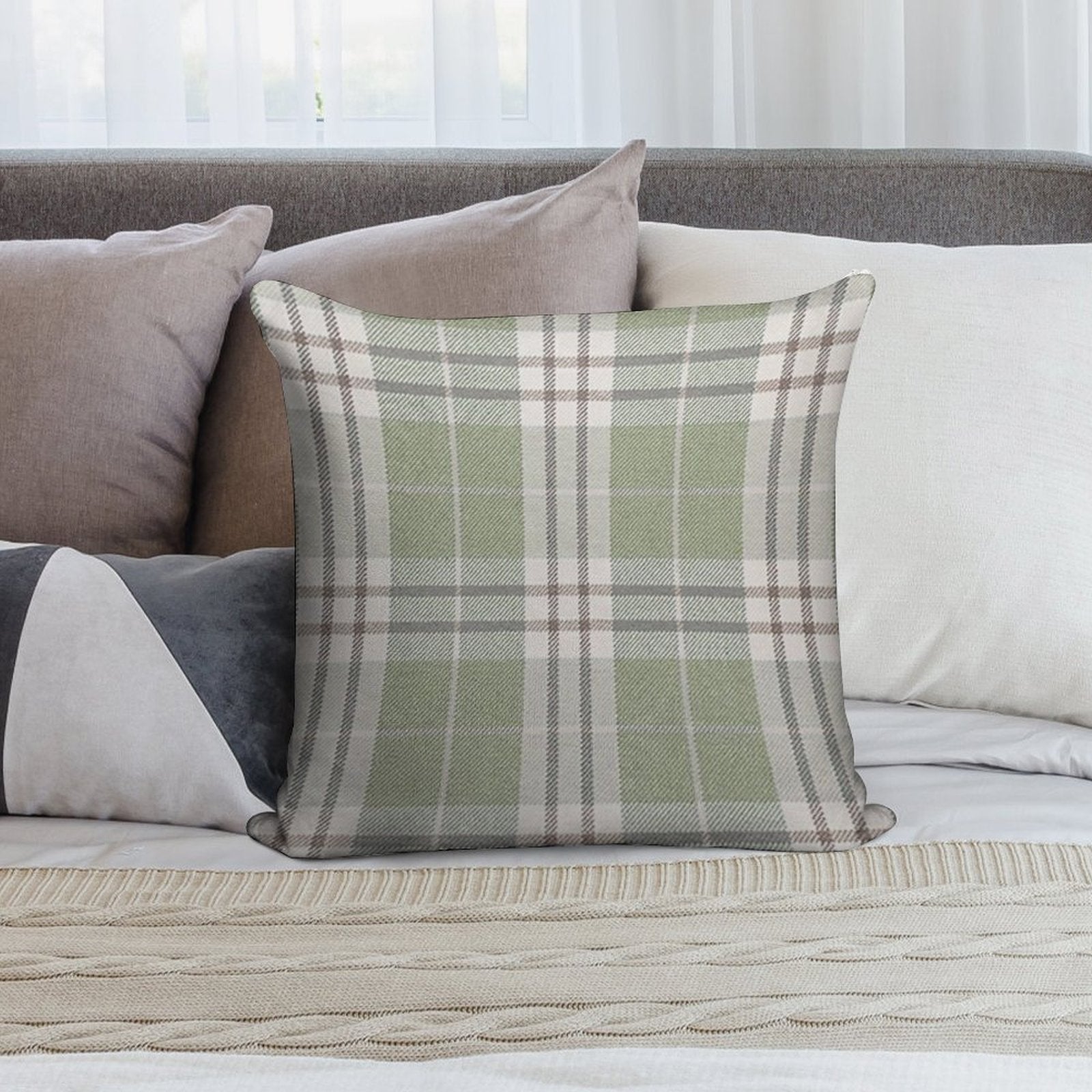Sage Green Plaid Soft Anti-Pilling Throw Pillow