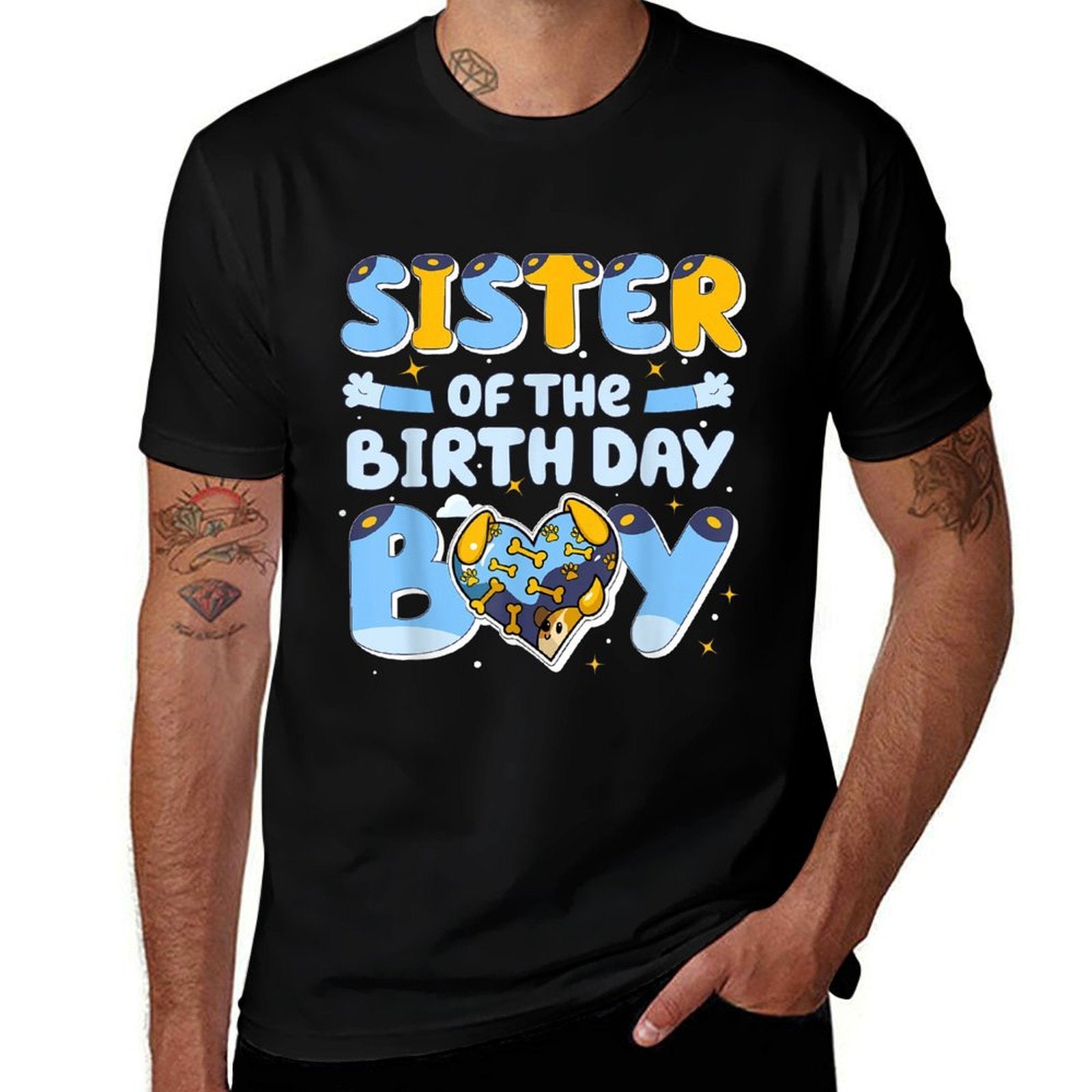 Sister Of The Birthday Boy Funny Blue Dog Family Matching  Ribbed Collar T-Shirt