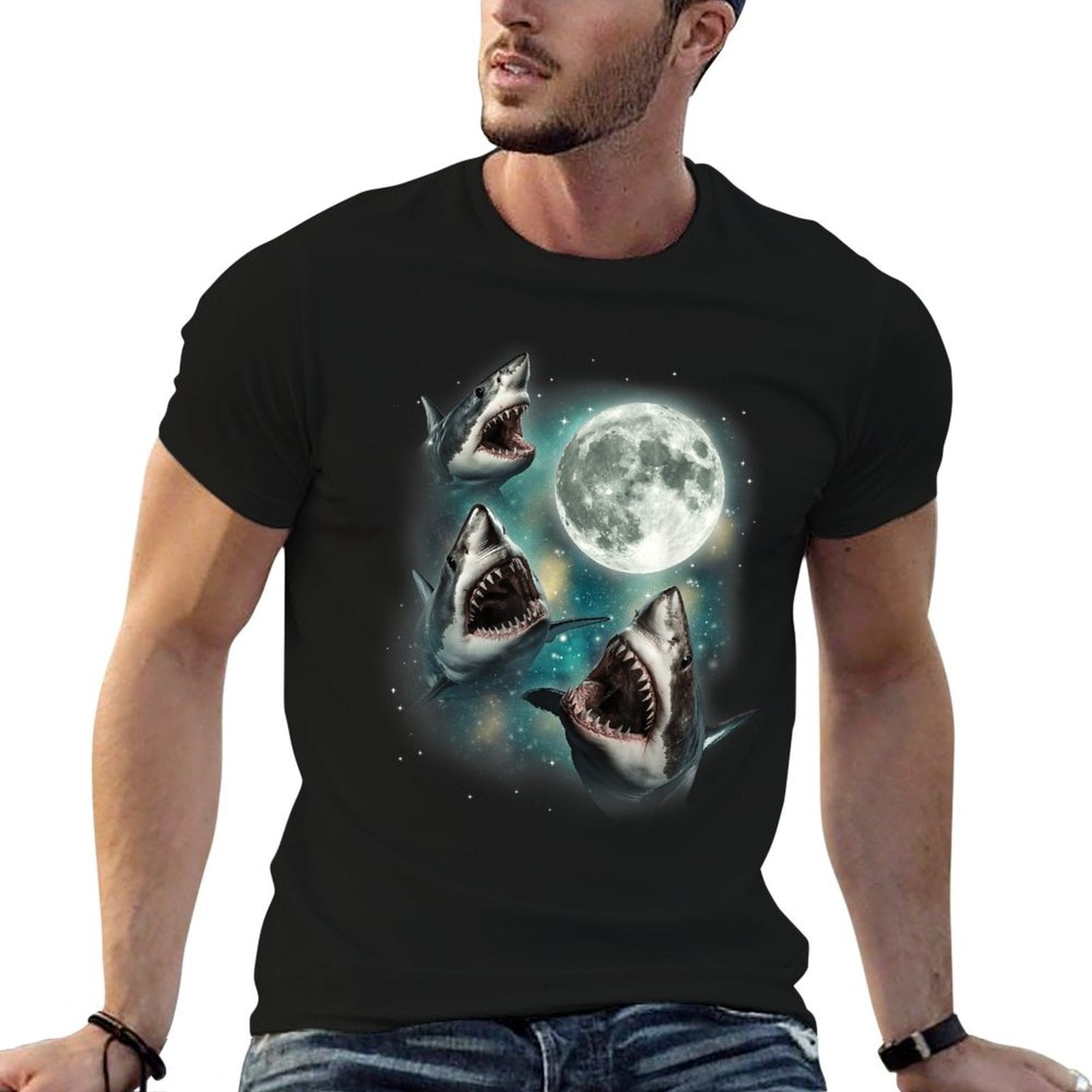 Three Shark Moon  3 Great Whites Howling Wolfs Moon Parody  Ribbed Collar T-Shirt
