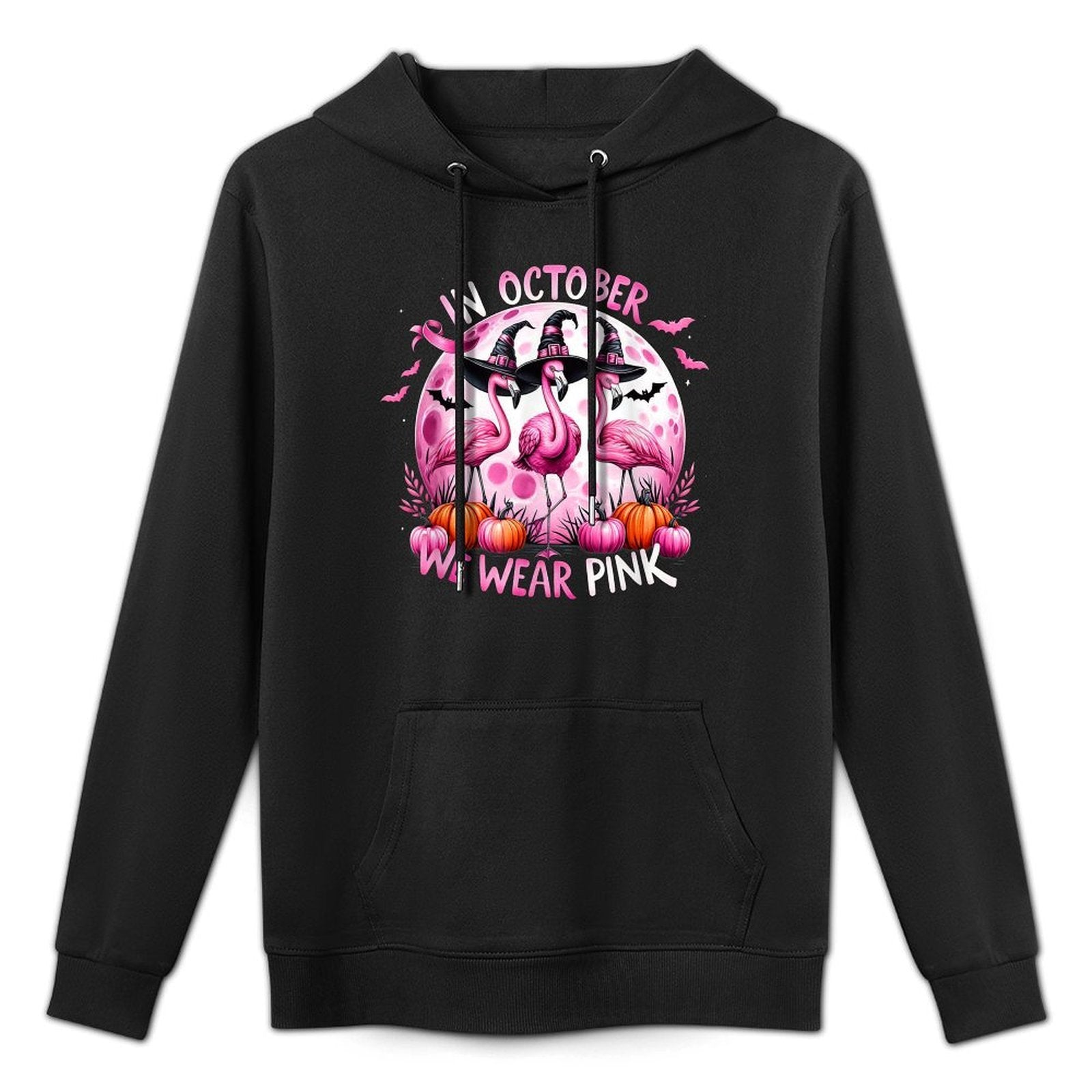 Flamingo In October We Wear Pink Breast Cancer Halloween Medium-Weight Fabric Hoodie