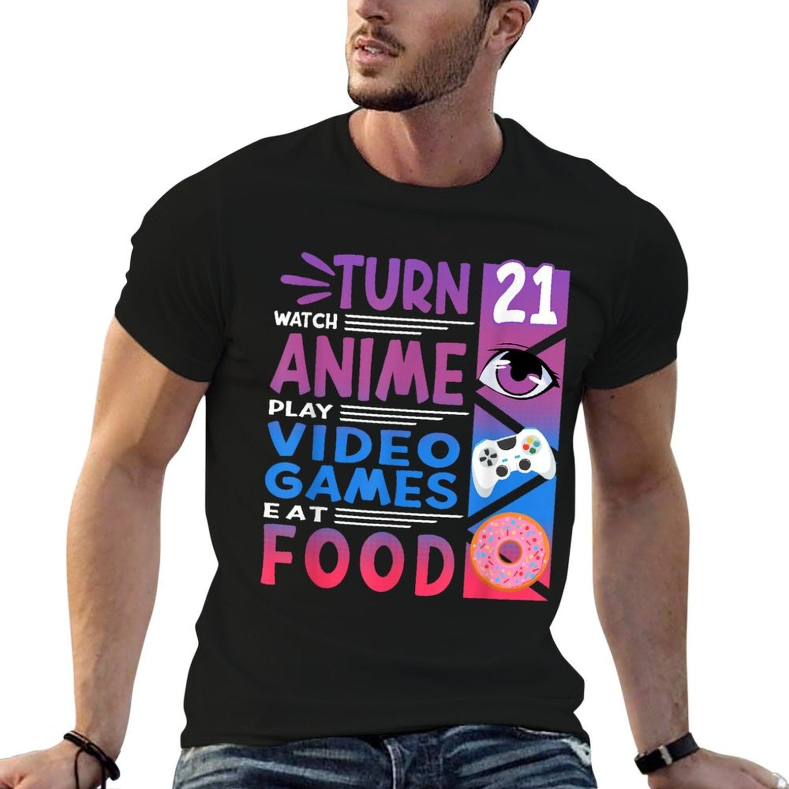 21st Birthday I Manga I Gamer I 90s Kawaii Donuts Anime  Ribbed Collar T-Shirt