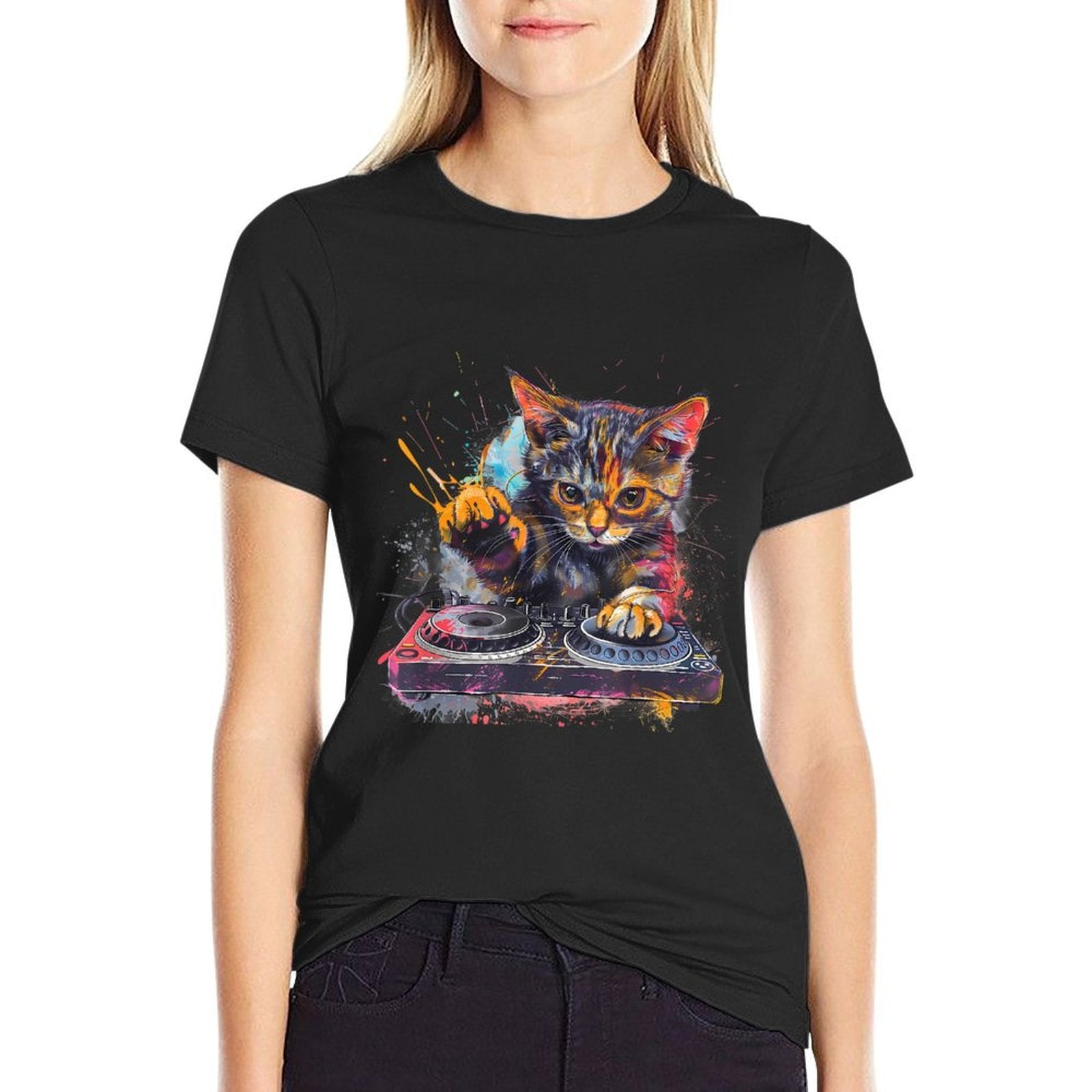 DJ Cat Turntable DJ Cat EDM Artwork House Music Beatmaker  Rolled Sleeves T-Shirt